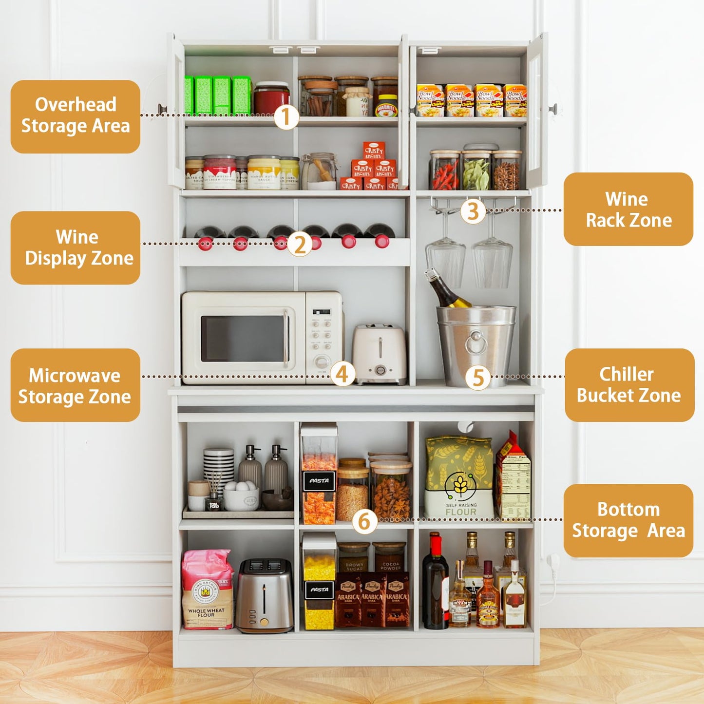 71" Kitchen Pantry Storage Cabinet with Charging Station, Farmhouse Coffee Bar Cabinet with Adjustable Shelves, Tall Hutch Cabinet with Microwave Stand & Wine Rack for Kitchen, Living Room (White)