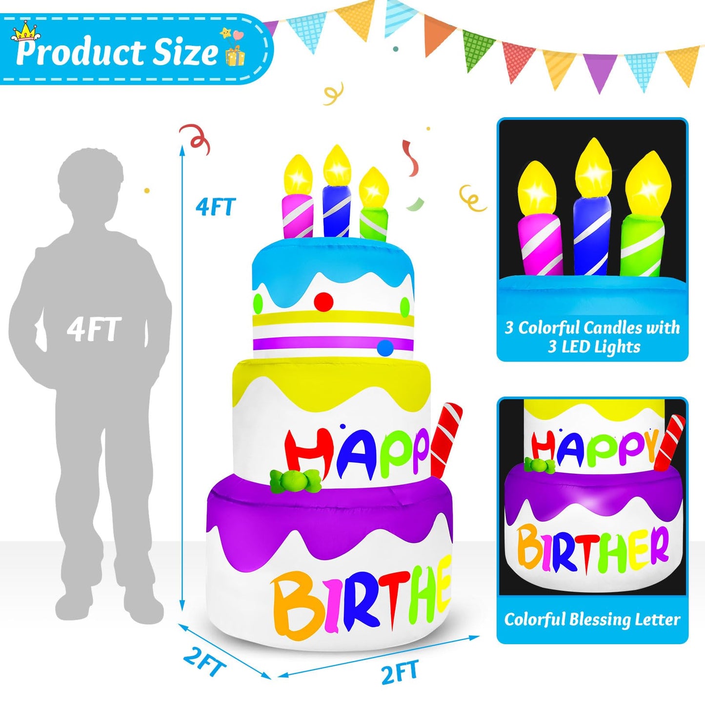 4 Ft Happy Birther Inflatable with 3 Candles Outdoor Decorations, Inflatable Cake with 6 LED Lights Happy Birther Blow Up for Indoor Home Holiday Party Patio Garden Yard