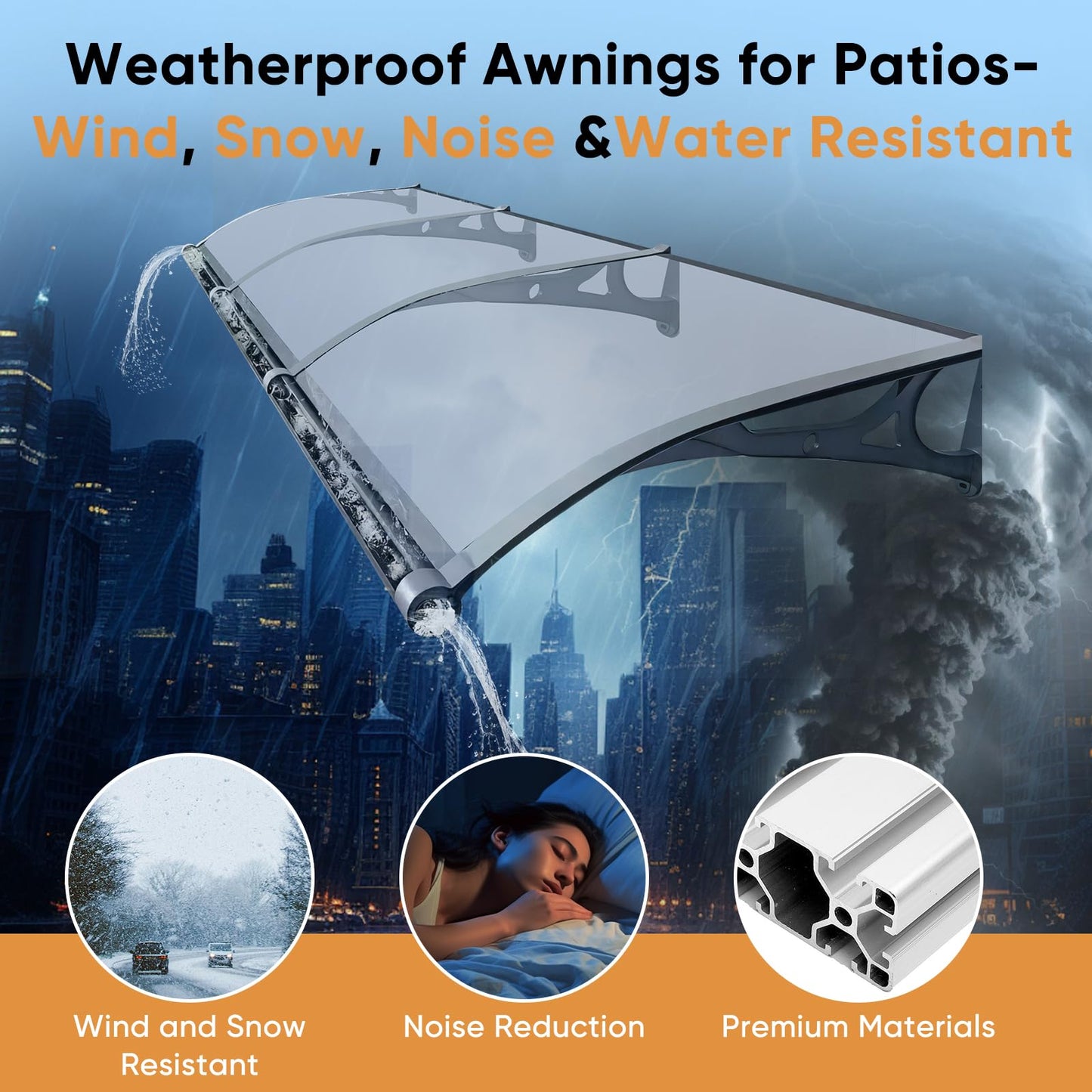 118.1'x39.4' Aluminum Patio Awning for Doors & Windows - Polycarbonate Roof Cover with UV Block, Waterproof & Snowproof Protection - Exterior Door Canopy Easy to Install (Crystal Clear)