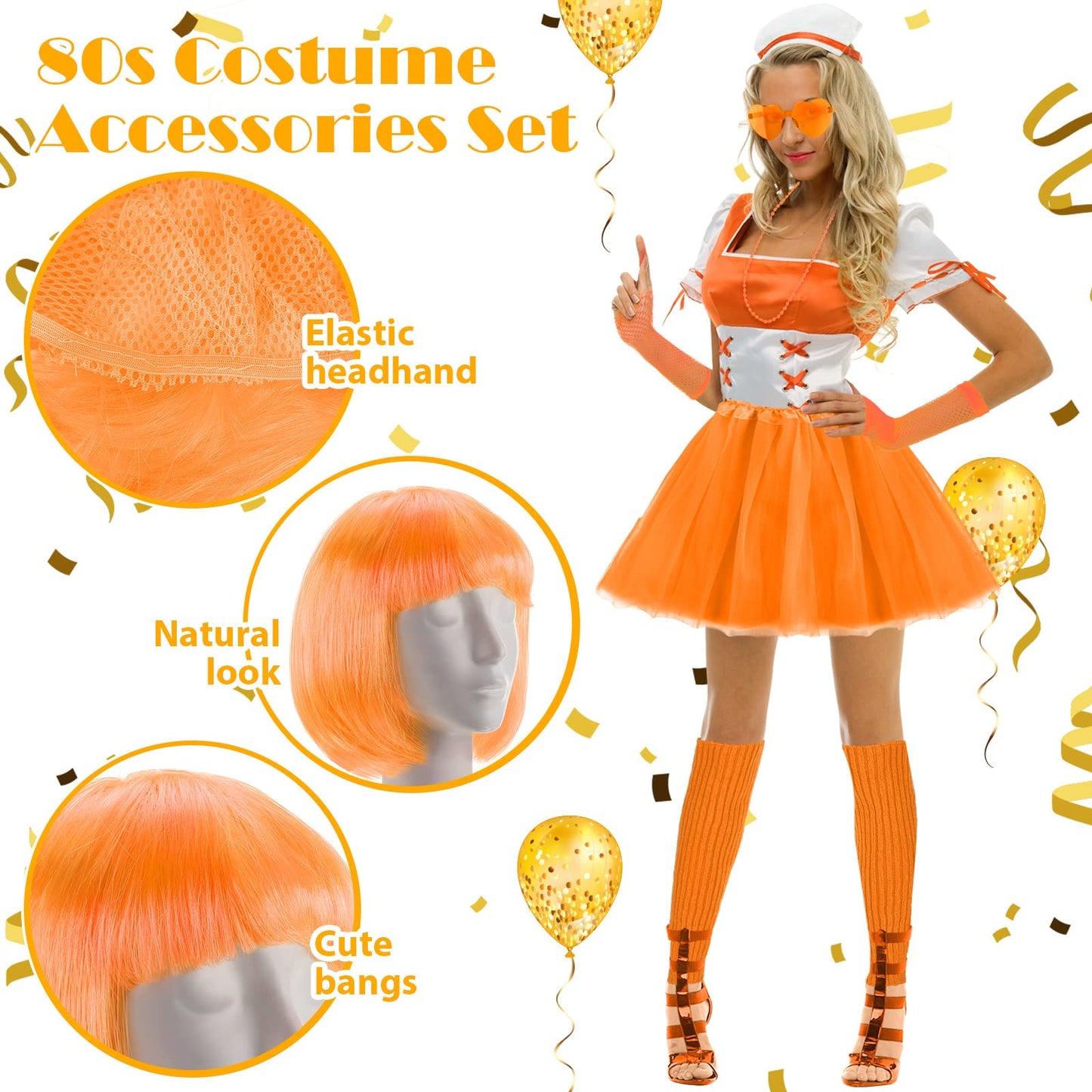 80s Women Costume Accessories Set 6 Pcs Neon Tutu Bob Wig Leg Warmers Fishnet Gloves Necklace Sunglasses for 80s Party (Orange,One Size)