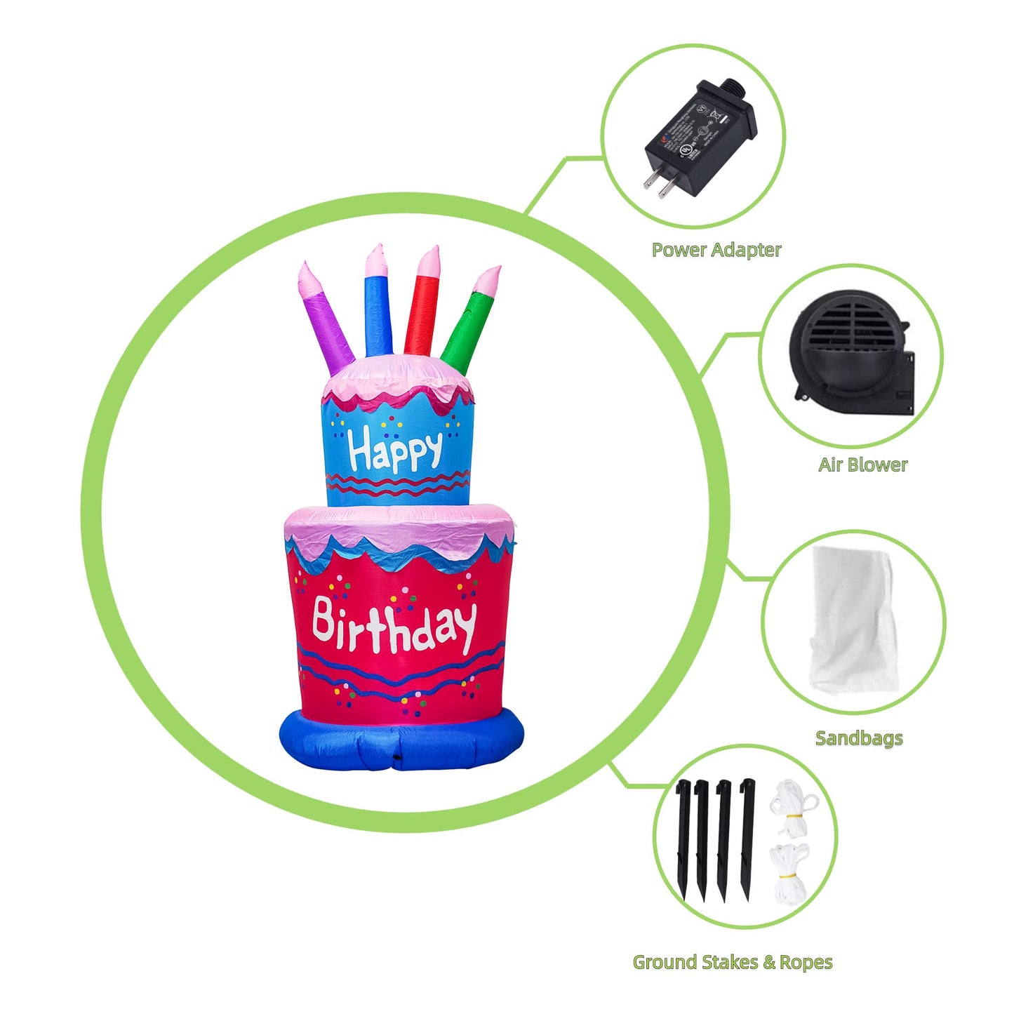 6FT Inflatable Birthday Cake Decoration,Birthday Blow up Cake Outdoor Decor with LED Lights,Light-up Happy Birthday Sign for Yard Lawn, Inflatable Outdoor Holiday Yard Decoration(Blue & Pink)