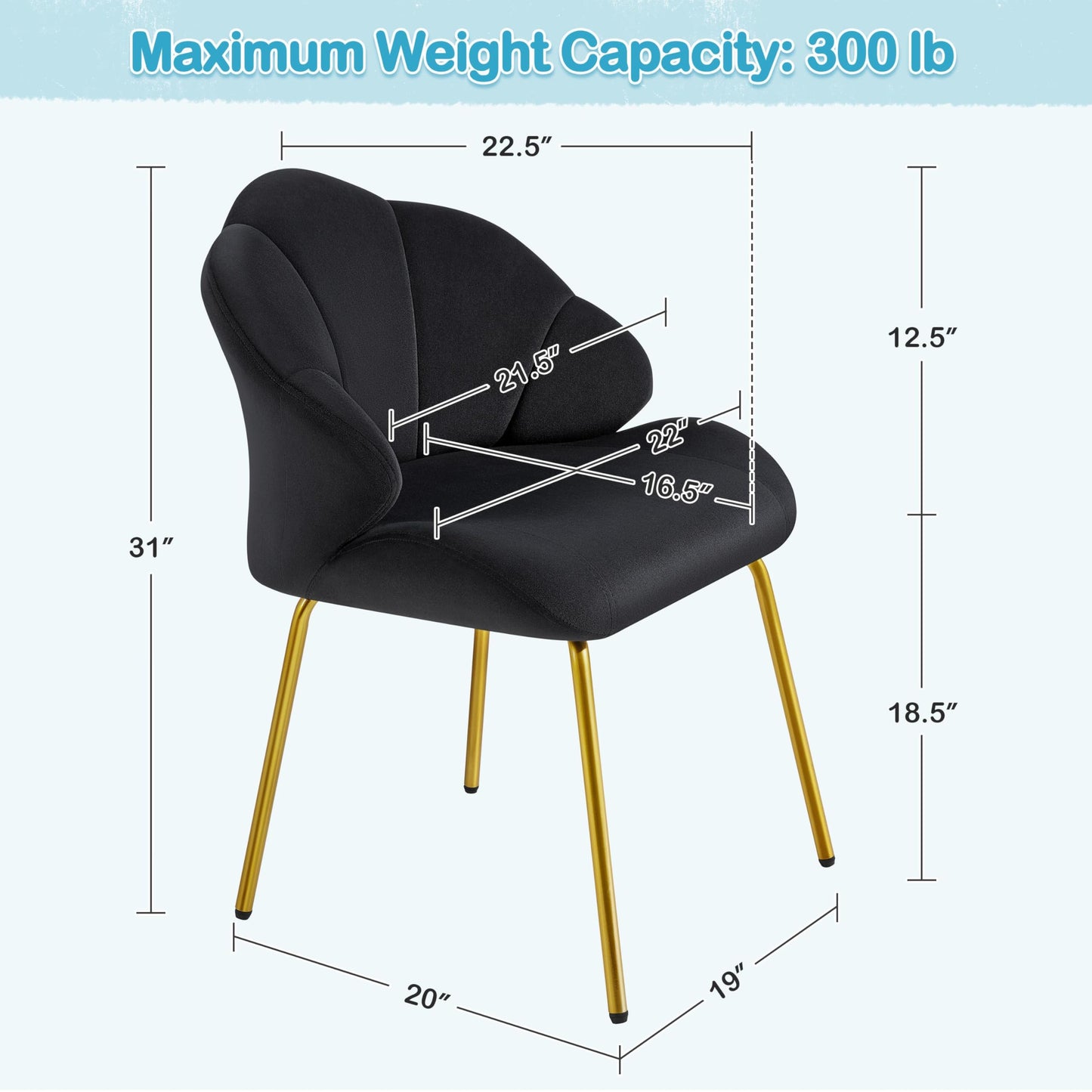 Yaheetech Vanity Chair, Velvet Accent Chair with Shell-Shaped Backrest, Modern Armchair with Gold Metal Legs for Dressing Room/Bedroom/Living Room, Black