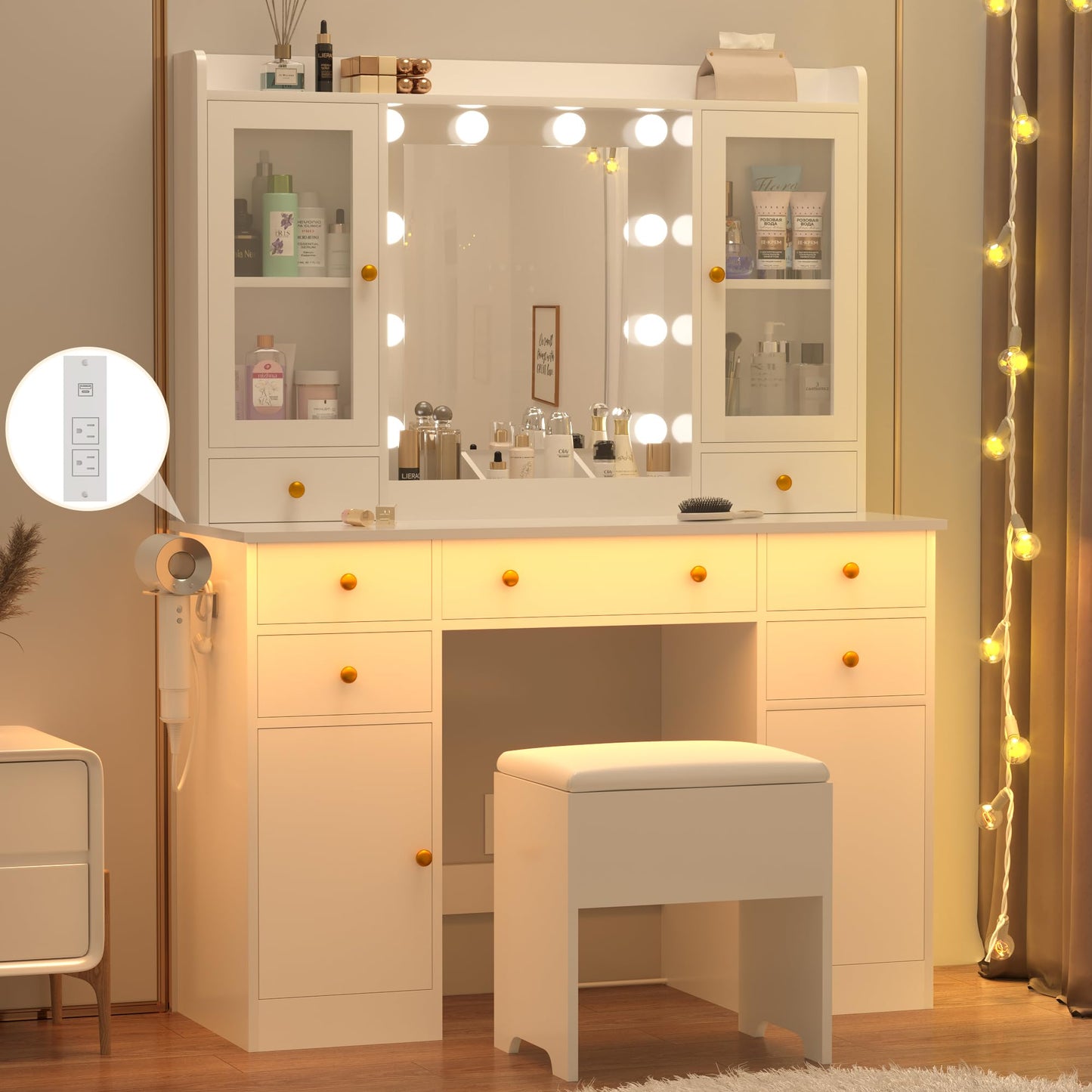 Wodeer Vanity Desk with Mirror and Lights, 43" White Makeup Vanity Set with 5 Drawers & Glass Cabinets, Storage Stool, Power Outlet & Adjustable LED Lights, Dressing Table for Women & Girls Bedroom
