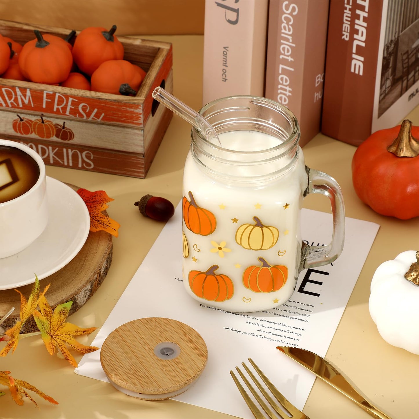 Whaline Fall Mason Jar Mug with Handle 18 oz Pumpkin Flower Star Mason Jar Drinking Glasses Orange Beige Pumpkin Ice Coffee Cups with Lid and Straw for Iced Coffee Tea Soda Cocktail Gifts