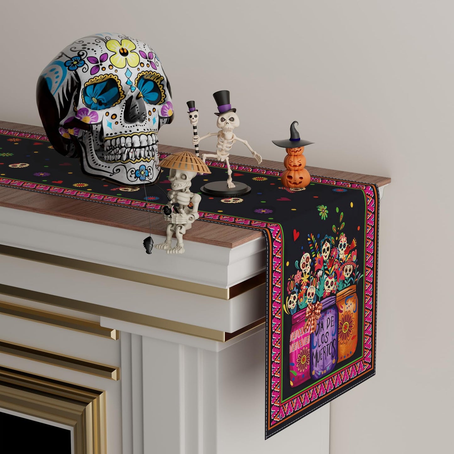XCHI Vases Sugar Skull Flowers Dia De Los Muertos Table Runner Day of The Dead Mexican Table Decoration for Home Kitchen Dining Holiday Fiesta Themed Party Decor 13x72 Inch