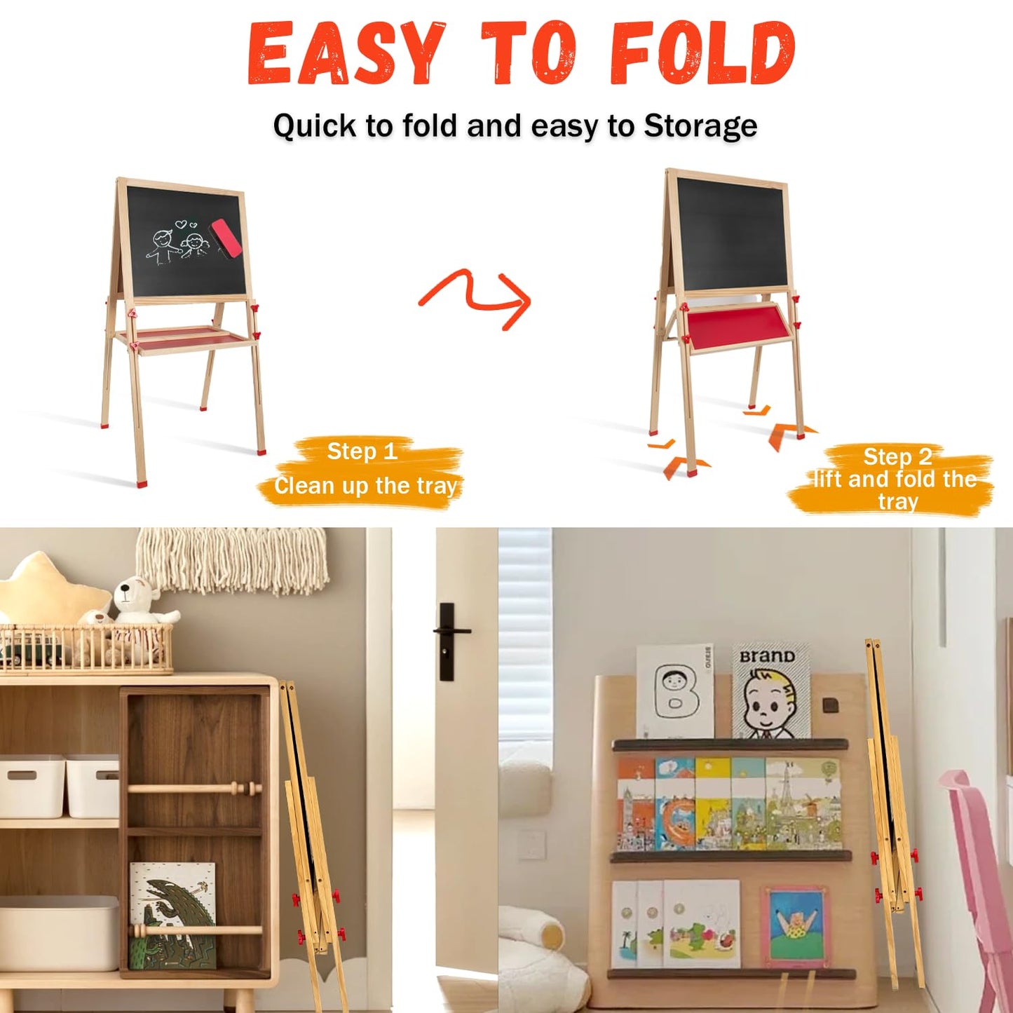 Wooden Art Easel for Kids, Double Sided Foldable Easels for Toddlers 3,4,5,6,7,8,9,10 Years,Adjustable Standing Kids Easel with Accessories, Perfect Painting Gifts for Boys&Girls