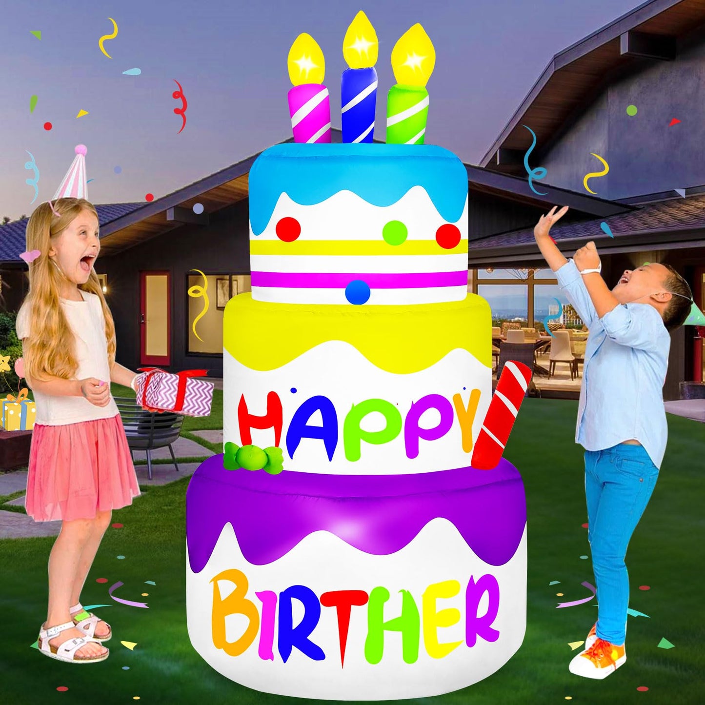 4 Ft Happy Birther Inflatable with 3 Candles Outdoor Decorations, Inflatable Cake with 6 LED Lights Happy Birther Blow Up for Indoor Home Holiday Party Patio Garden Yard