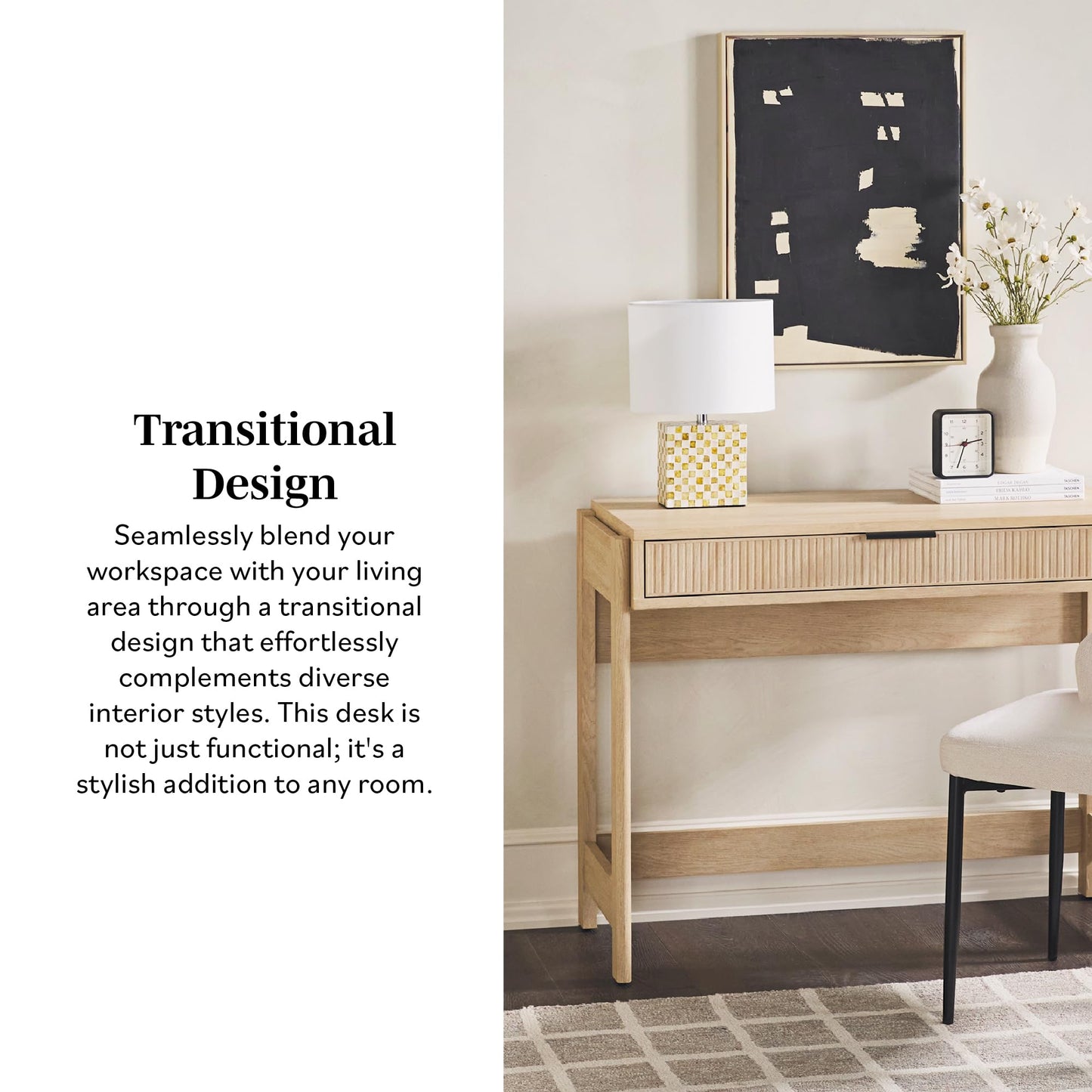 Walker Edison Transitional Office Design, Reeded Drawer Front Detail, Writing Desk with Drawer, Spacious Desktop, Complementary in Living Spaces, 38”W x 16.75”D x 30”H, Coastal Oak