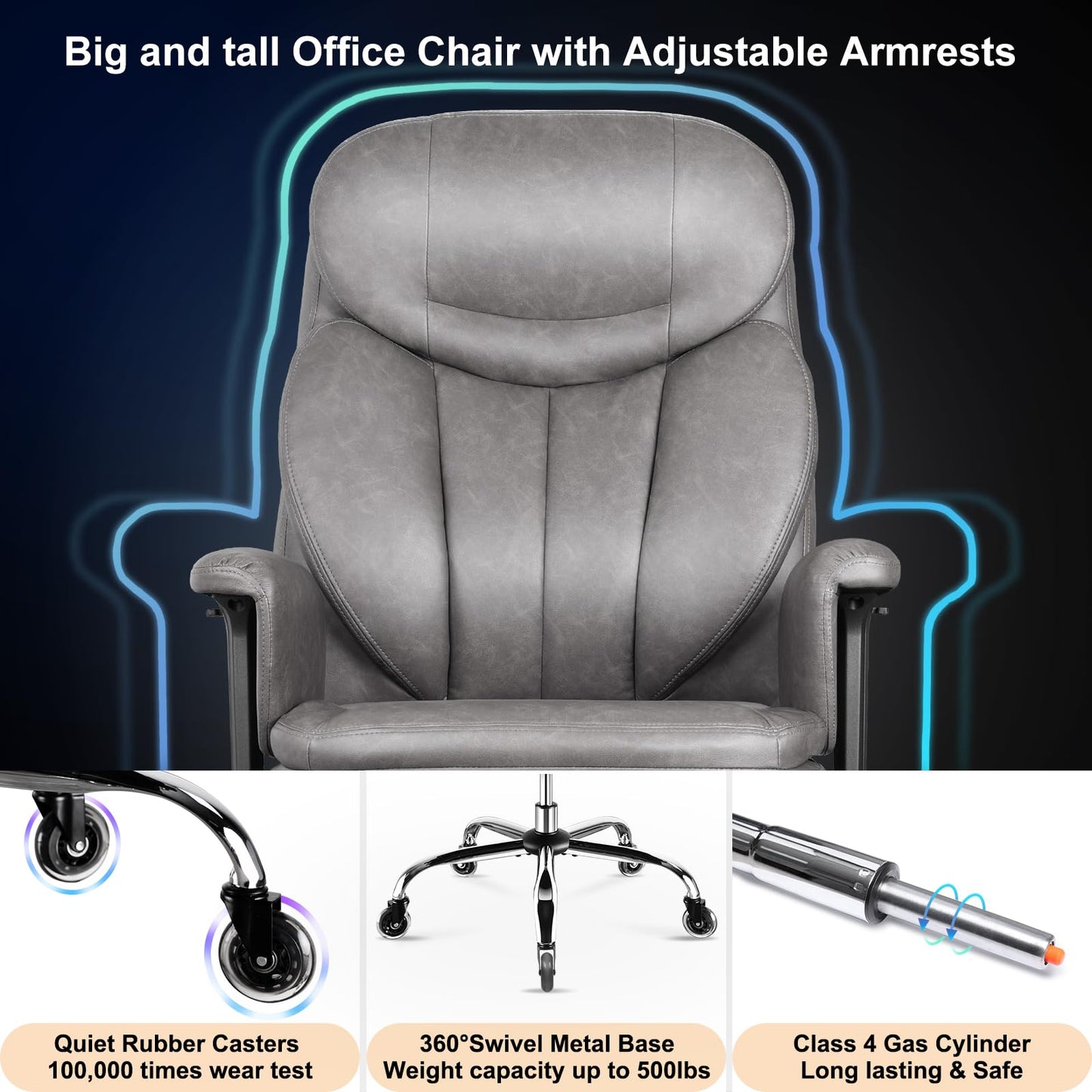 500 lbs Big and Tall Office Chair for Heavy People, Heavy Duty Ergonomic Executive Chair with Adjustable Lumbar Support and Wide Seat