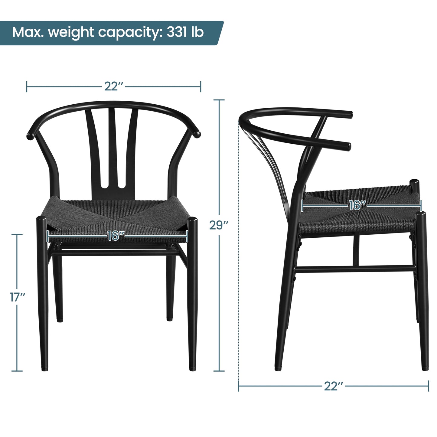 Yaheetech Weave Chair Hemp Seat Chair for Kitchen, Dining, Living Room Set of 2, Full Black