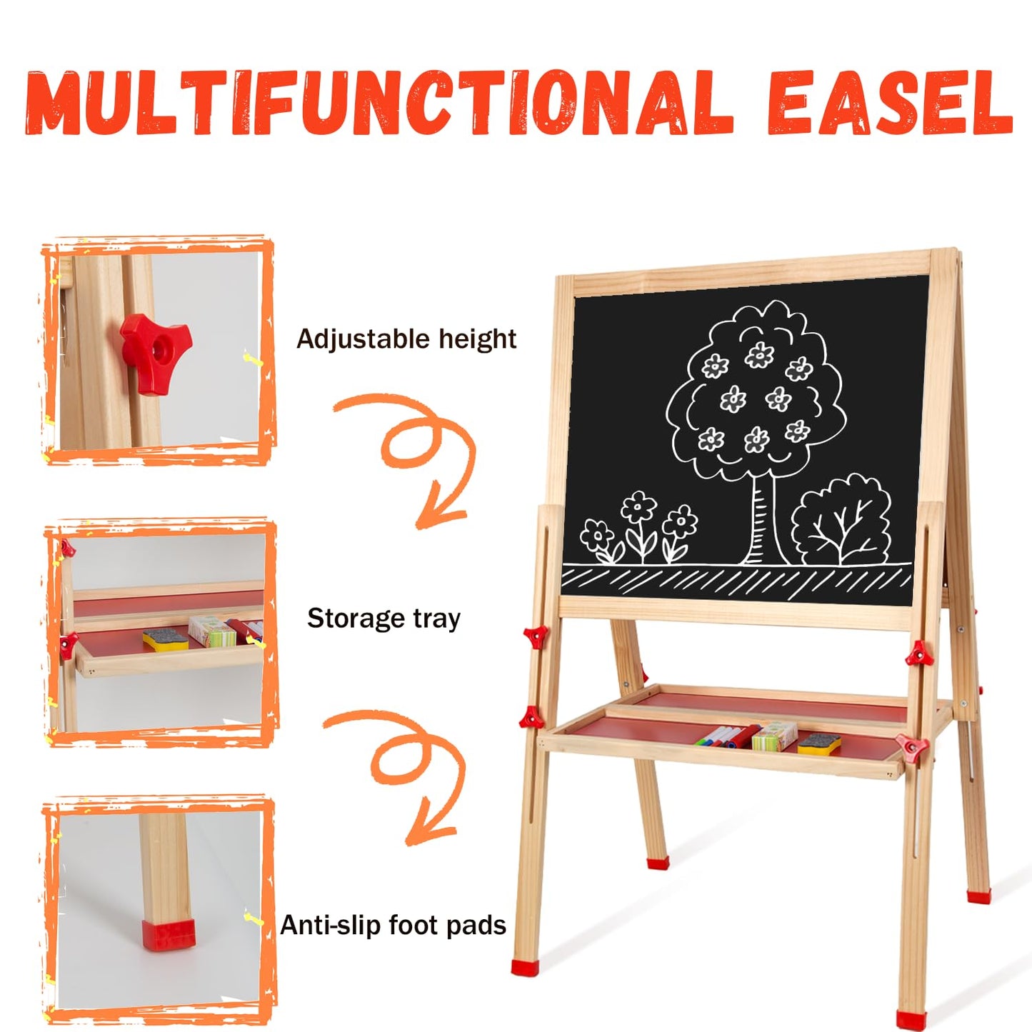 Wooden Art Easel for Kids, Double Sided Foldable Easels for Toddlers 3,4,5,6,7,8,9,10 Years,Adjustable Standing Kids Easel with Accessories, Perfect Painting Gifts for Boys&Girls
