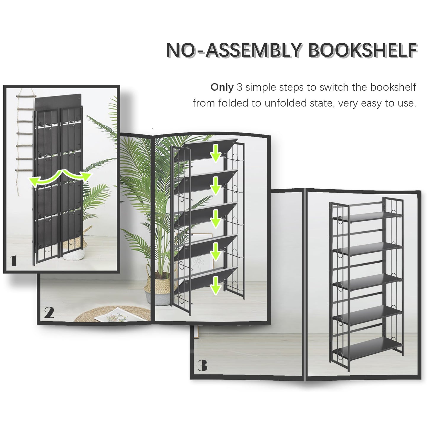4NM No-Assembly 5 Tiers Folding Bookshelf Storage Shelves Vintage Bookcase Standing Racks Study Organizer Home Office - All Black