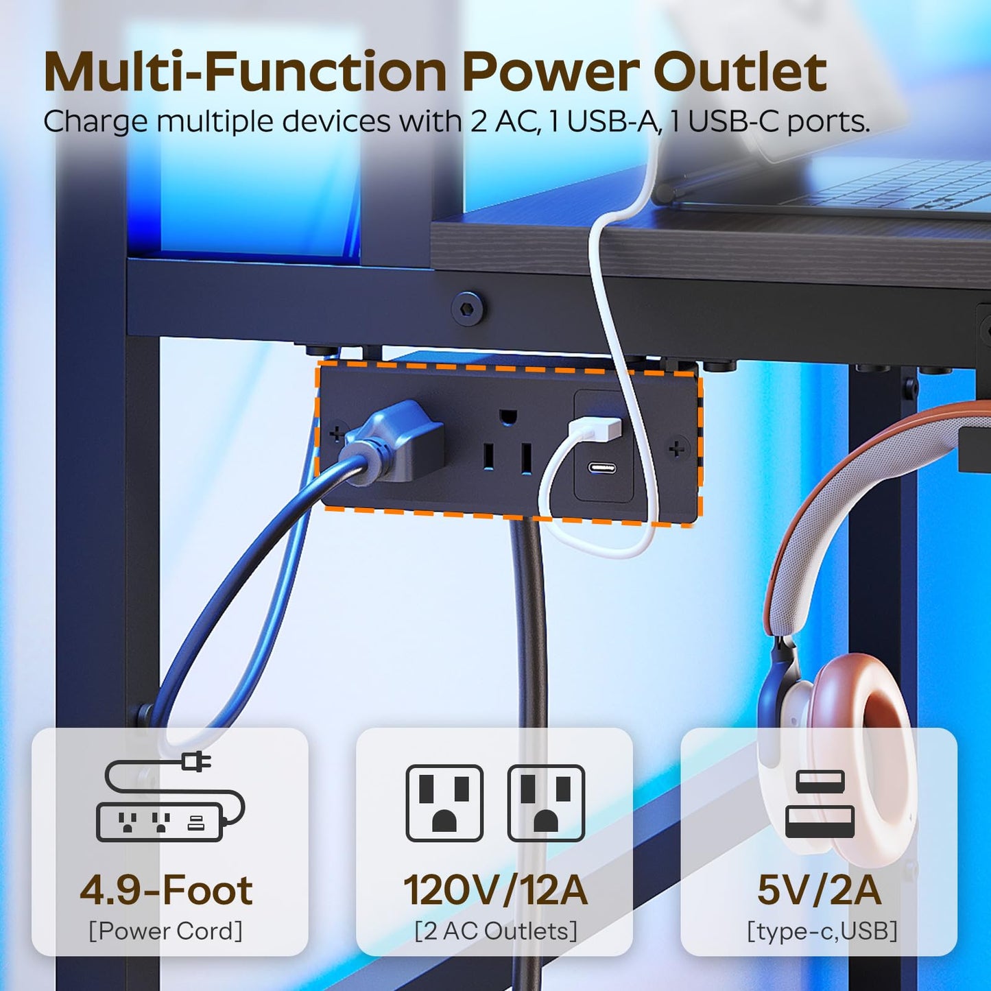 YATINEY Computer Desk with Charging Station and LED Lights, Gaming Desk with Monitor Stand, 2-Tier Home Office Desk with 4 Side Hooks, for Living Room, Home Office, Black DN01UDBBY1