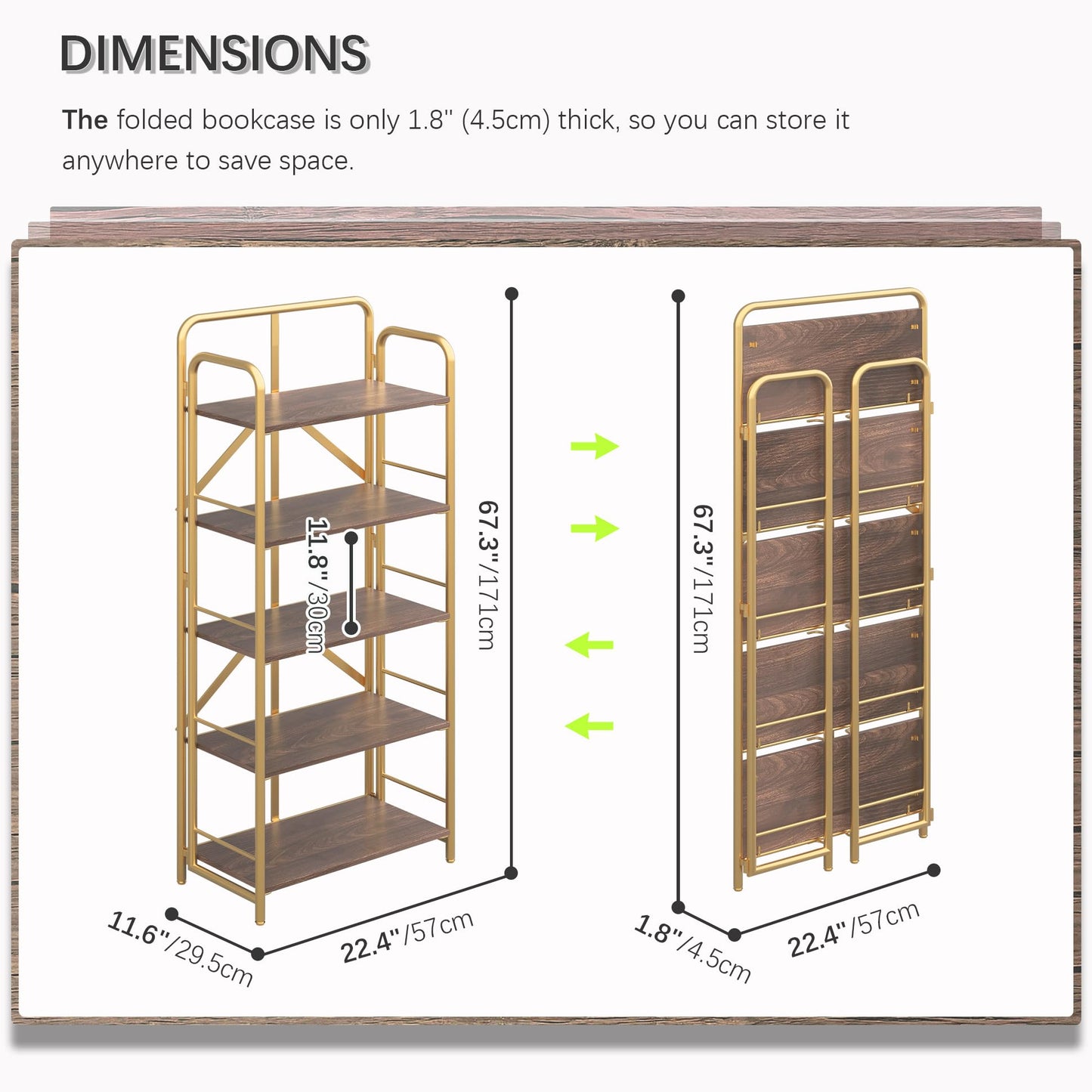 4NM No Assembly Folding Bookshelf 5 Tiers Vintage Industrial Gold Book Shelf Metal Foldable Storage Bookcase and Bookshelves for Living Room,Bedroom and Kitchen - Brown