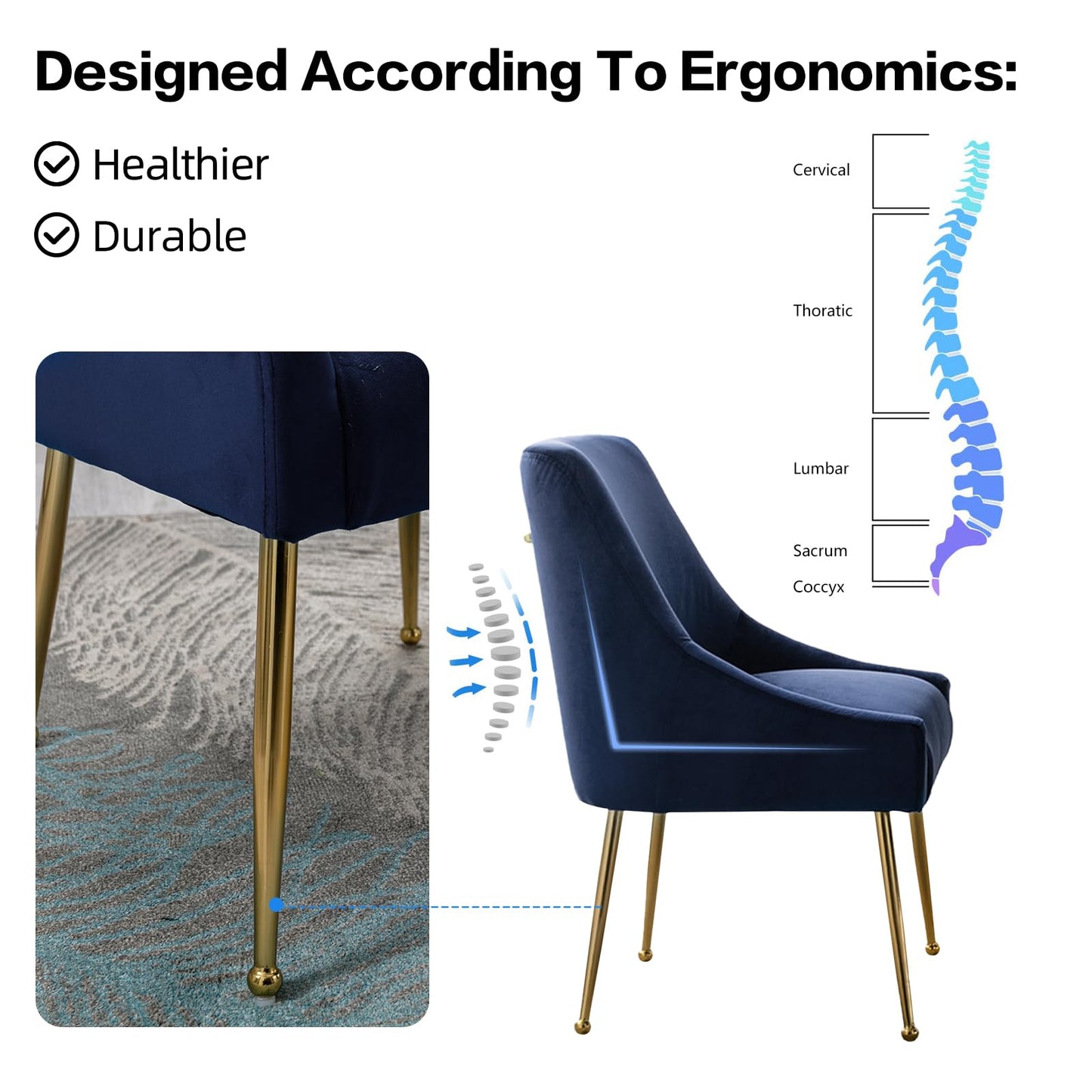 XINHE Dining Chairs Set of 2, Modern Velvet Fabric Upholstered Kitchen Chair with Metal Handle, Thick Cushion (Blue)