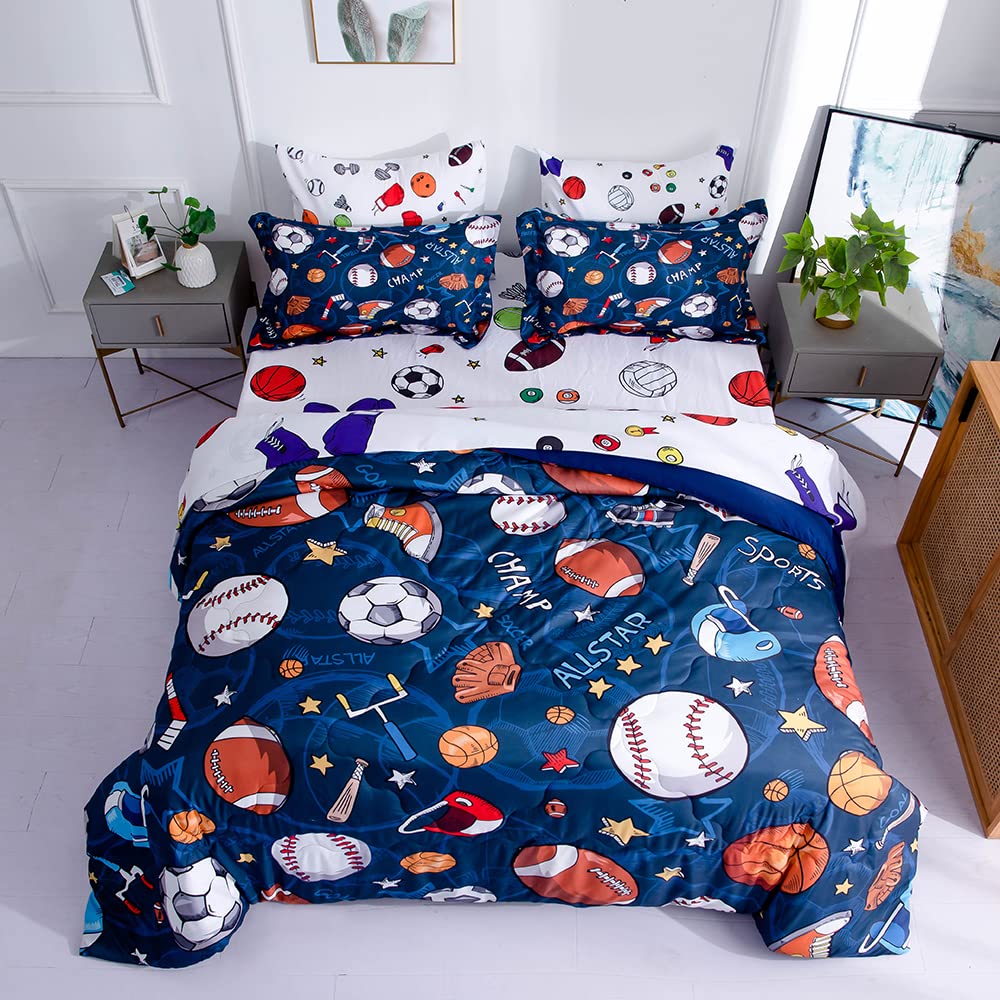 Wajade Sports Comforter Set - 7 Piece Queen Bedding with 3D Soccer, Basketball, Baseball, Football Design for Kids
