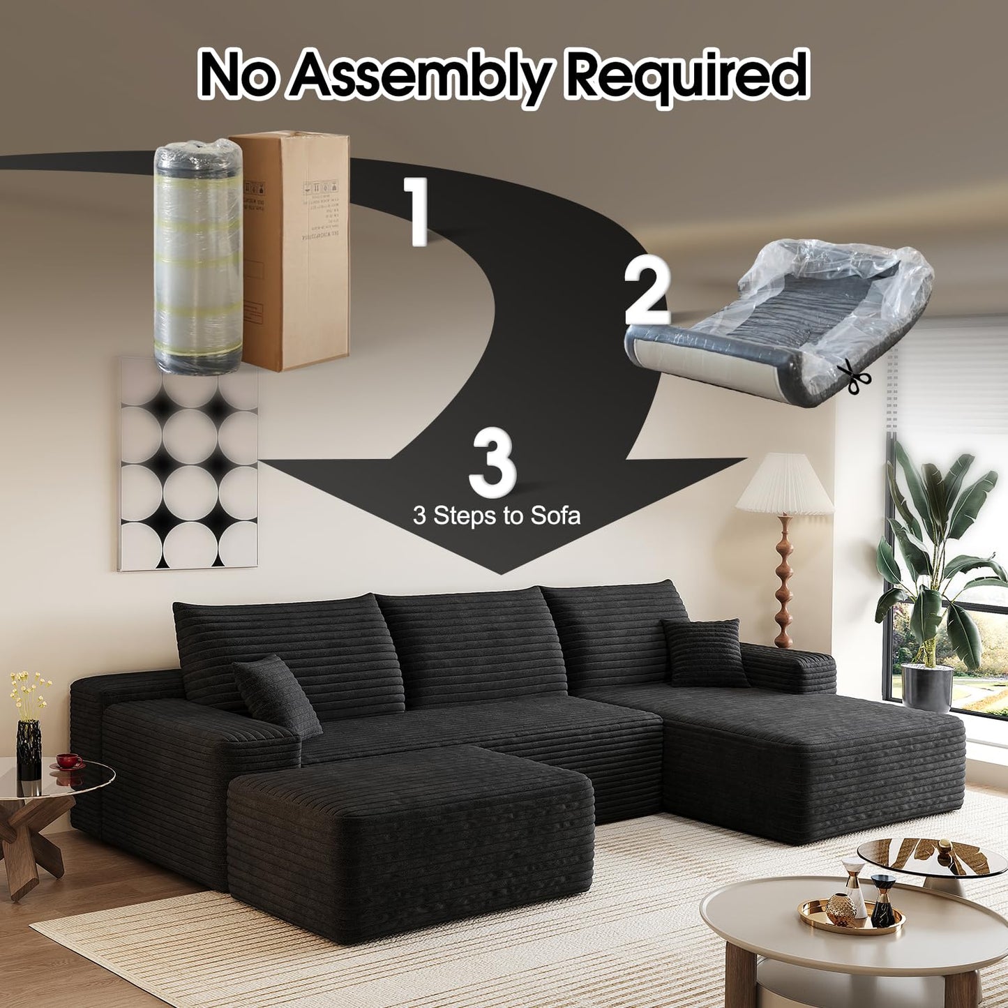 107" Comfy U-Shaped Sectional Modern Boneless Corduroy Couch with Chaise and Ottoman - No Assembly Required! Deep-Seat, Upholstered Modular Cloud Sofa for Living Room, Plush Corduroy Fabric(Black)