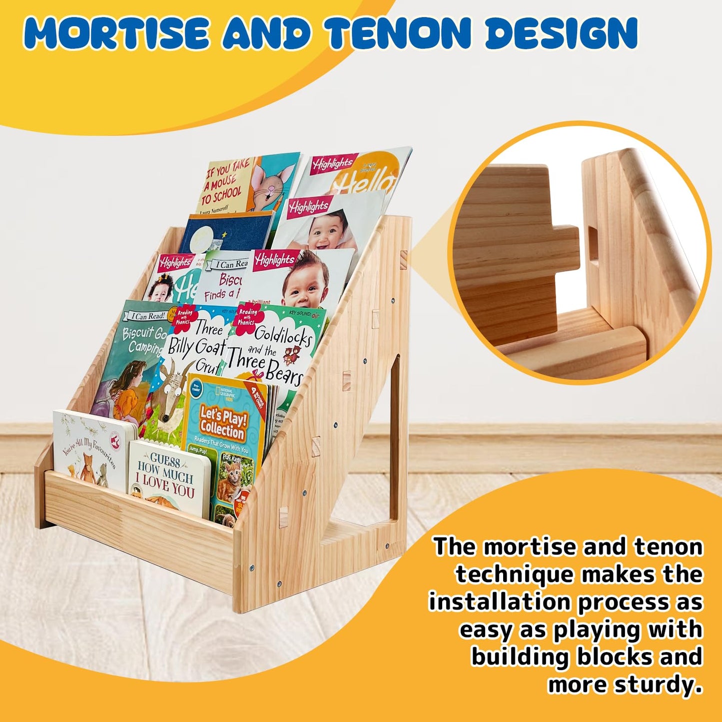5-Tier Montessori Bookshelf - Front Facing Kids Bookshelf with Back Storage,Mortise and Tenon Design, Easy to Install. Perfect for Toddler, Children's Room, and Reading Nook (Natural)