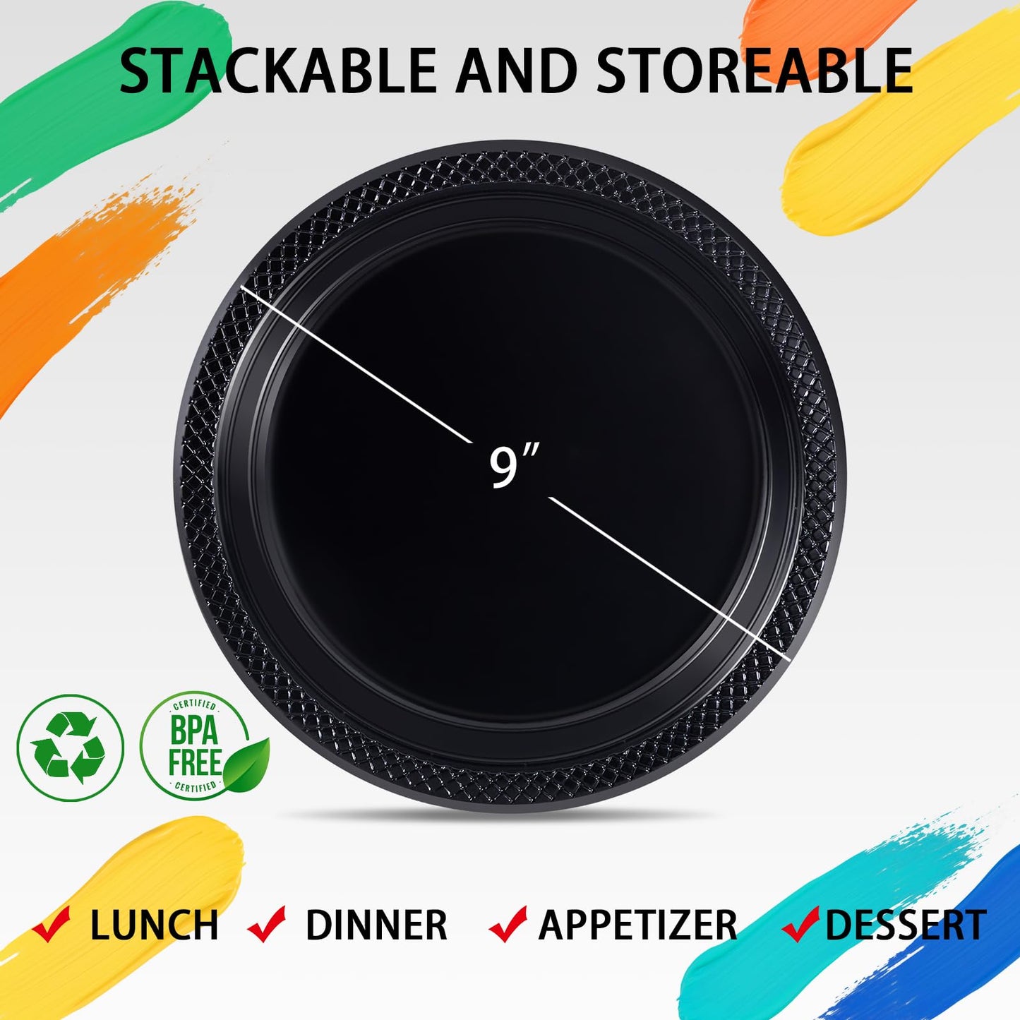 WELLIFE Black Plastic Plates 9 Inch -150 Count for Party, Plastic Disposable Dinner Plates for Easter Picnic BBQ