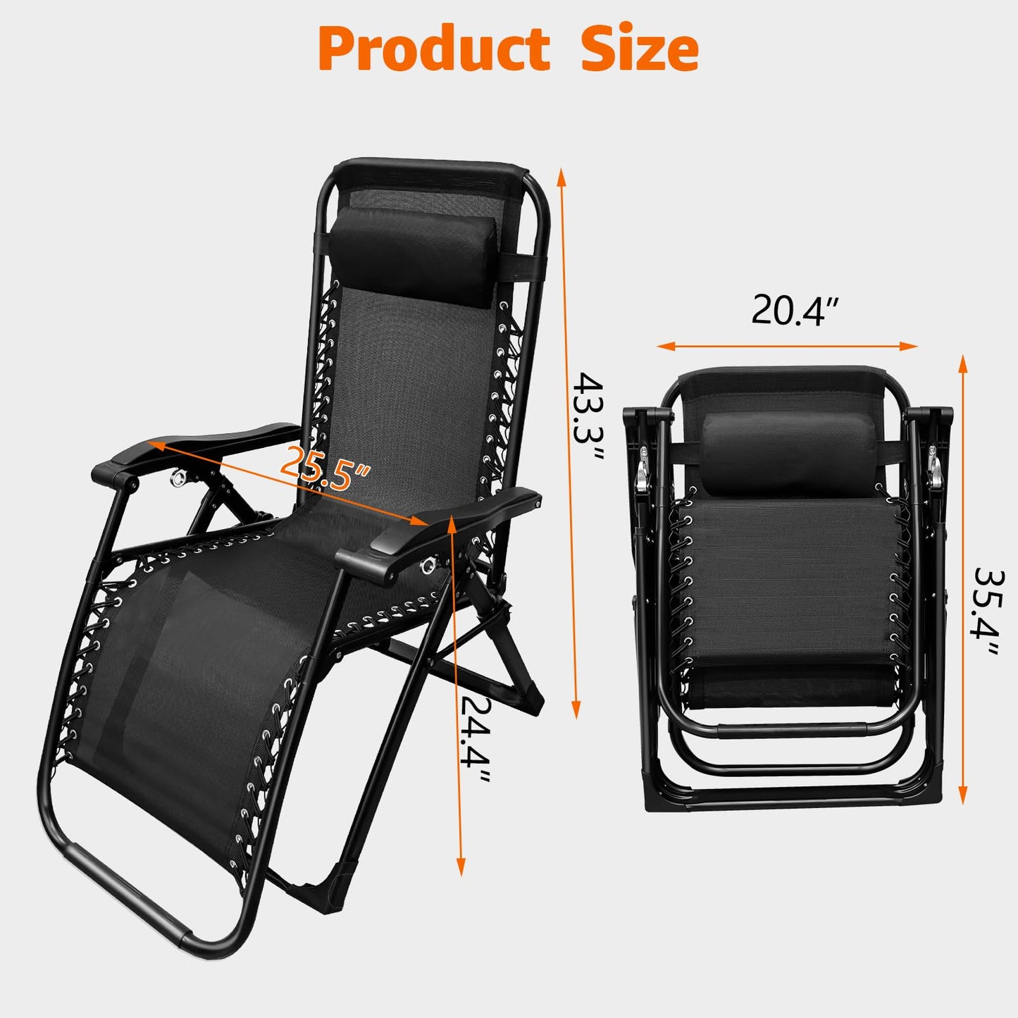XYJBHB Zero Gravity Lounge Chair with Pillow - Thickened Pipe Outdoor Patio Folding Recliner, 26" Width, Adjustable, Steel Frame, Black - Ideal for Pool, Beach & Camping (Set of 2)