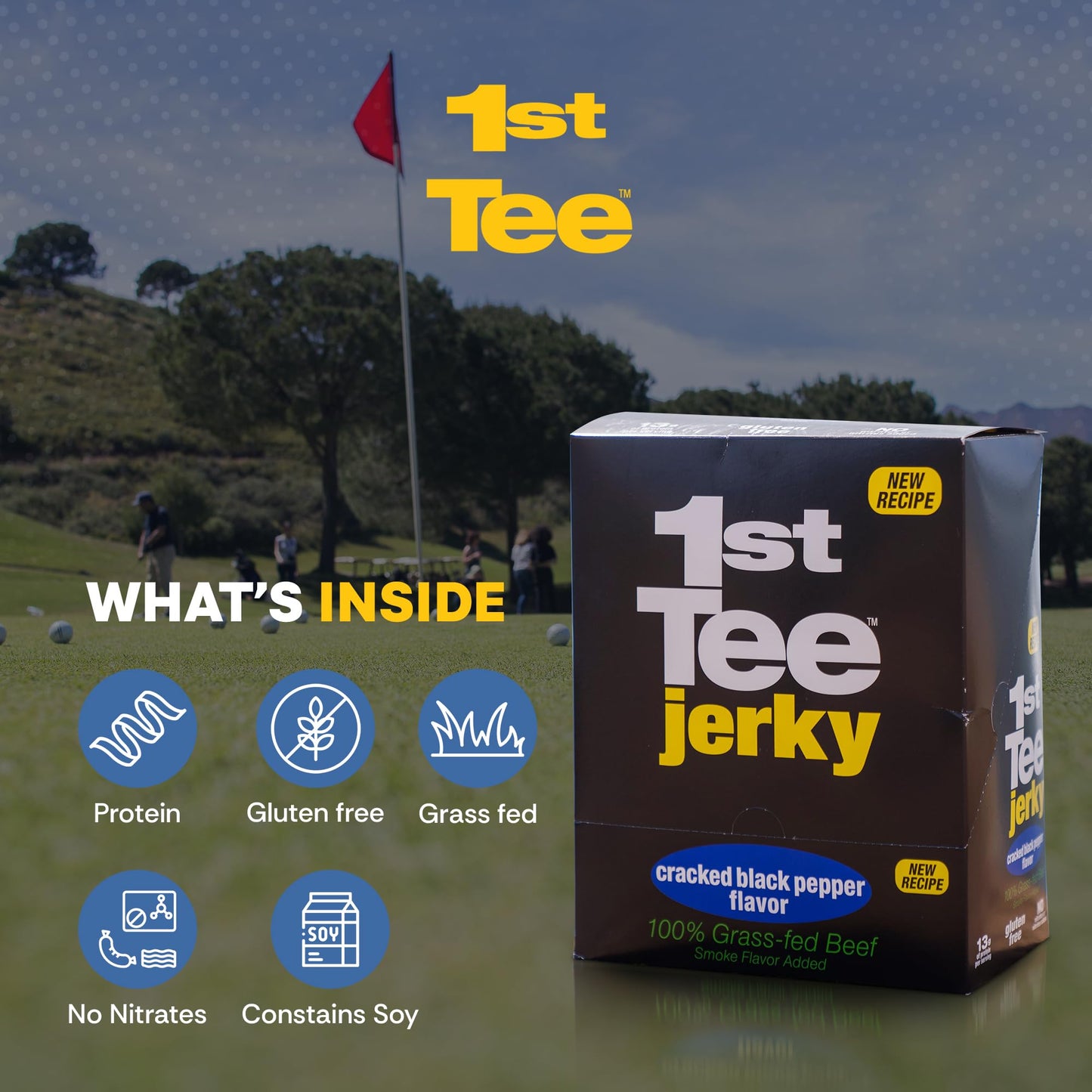 1st Tee Cracked Black Pepper Beef Jerky made with grass-fed beef jerky, 13 grams proteins and one gram fat per serving 2.5oz