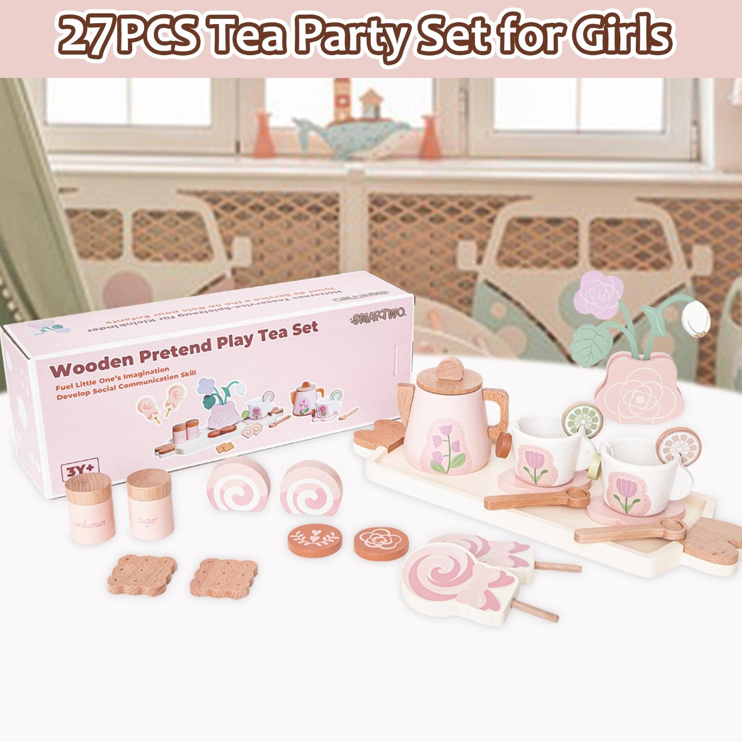 Wooden Tea Set for Little Girls, Pretend Play Tea Party Set Toy with 27 PCS Play Kitchen Accessories, Princess Tea Set Toy, Birthday Gift for Kids 2 3 4 5 Years Old, Improve Imagination