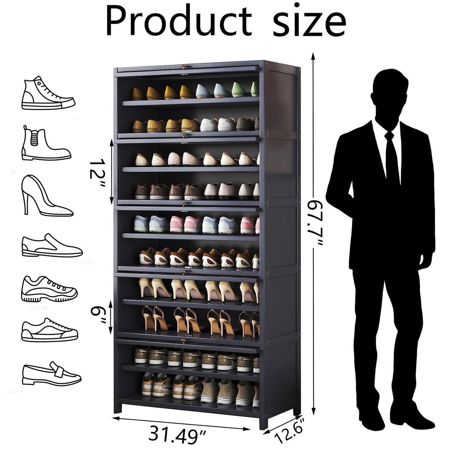 walkclpck Bamboo Shoe Cabinet with Acrylic Door,10-Tier Shoe Storage Rack, 40-45 Pairs Freestanding Shoe Rack, Entrance Shoe Cabinet for Hallway Living Room
