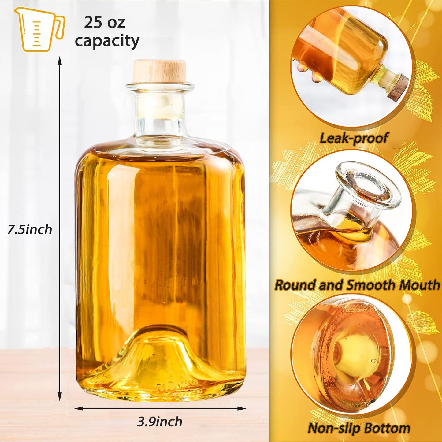 2 Pack 25 oz Heavy Base Clear Glass Liquor Bottles with T-Top Wood Caps Clear Wine Bottles Home Brewing Airtight Crew Bottles Leak Proof for Kombucha Juice Oil Drinks,Kefir,Dishware Safe