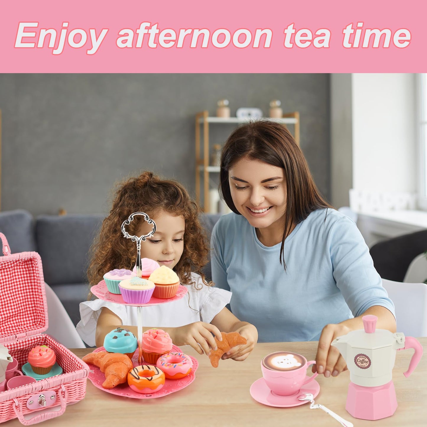 Viwulute Afternoon Tea Toys Set Pretend Play Food Toys for Toddler Girls, Party Tea Playset Toy Gifts for 3 4 5 6 Year Old Girl Boy Kids Toddlers