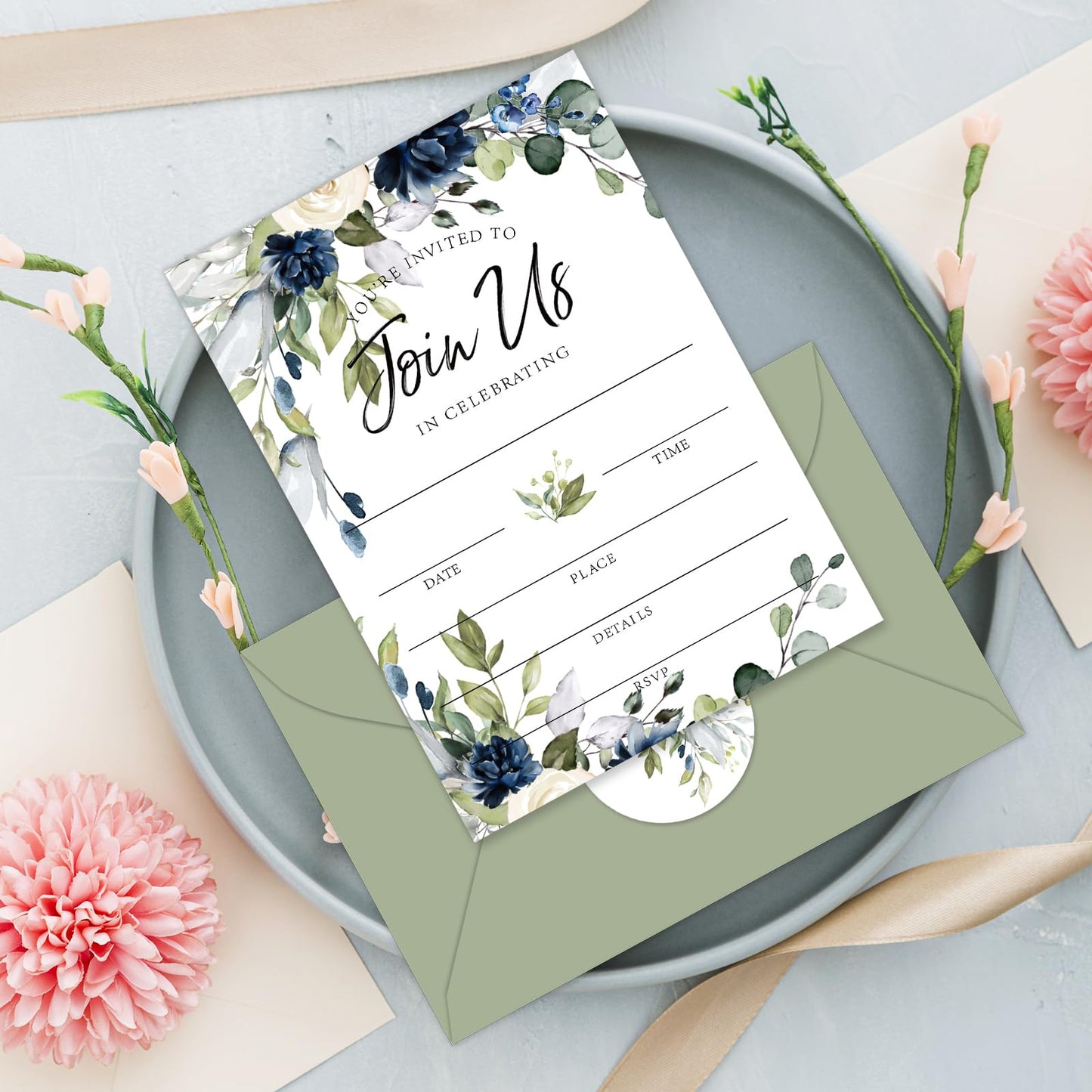 Whaline 25 Sets Floral Invitations with Envelopes Stickers Watercolor Blue Flower Invitation Cards Blank Invites for Wedding Reception Bridal Baby Shower Birthday Dinner Party, 5 x 7 Inch