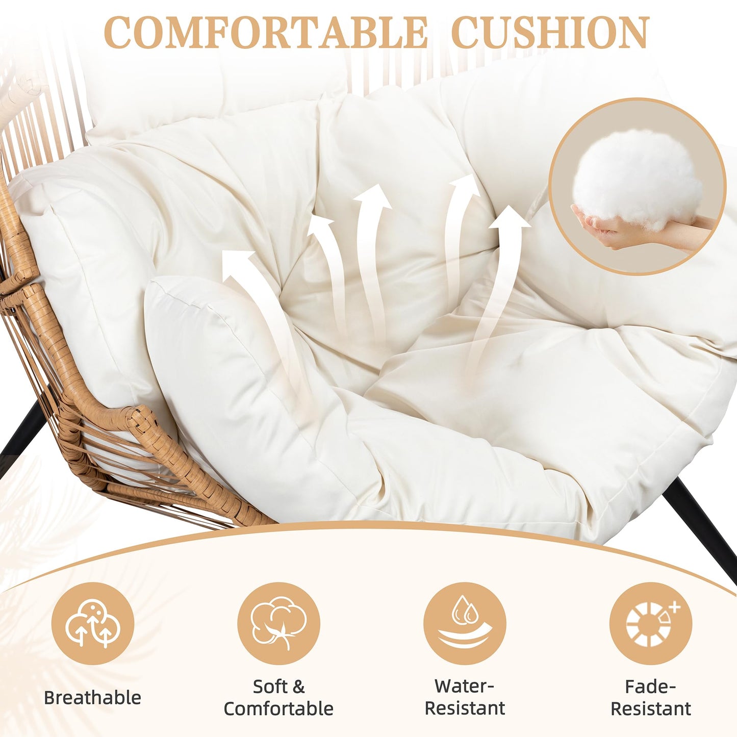 Vongrasig Outdoor Wicker Egg Chair PE Rattan Chair with Cushion, Oversized Patio Lounge Chair for Outdoor, Indoor, Balcony, Backyard, Garden, Beige