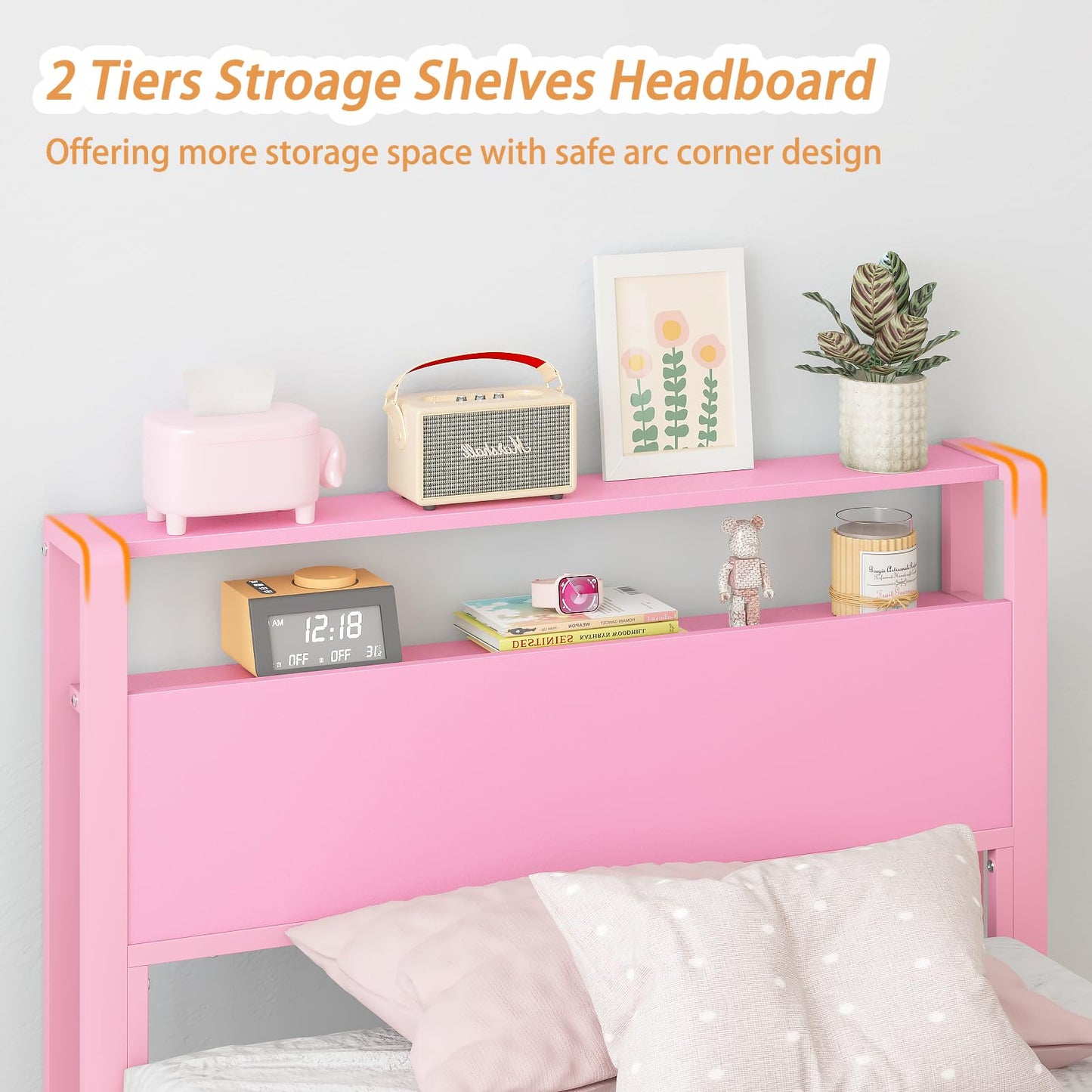 Weehom Twin Bed Frames for Kids with 2 Tiers Wood Storage Shelves Headboard, Twin Size Bed No Box Spring Needed Easy Assembly Metal Platform for Girls and Adults, Pink
