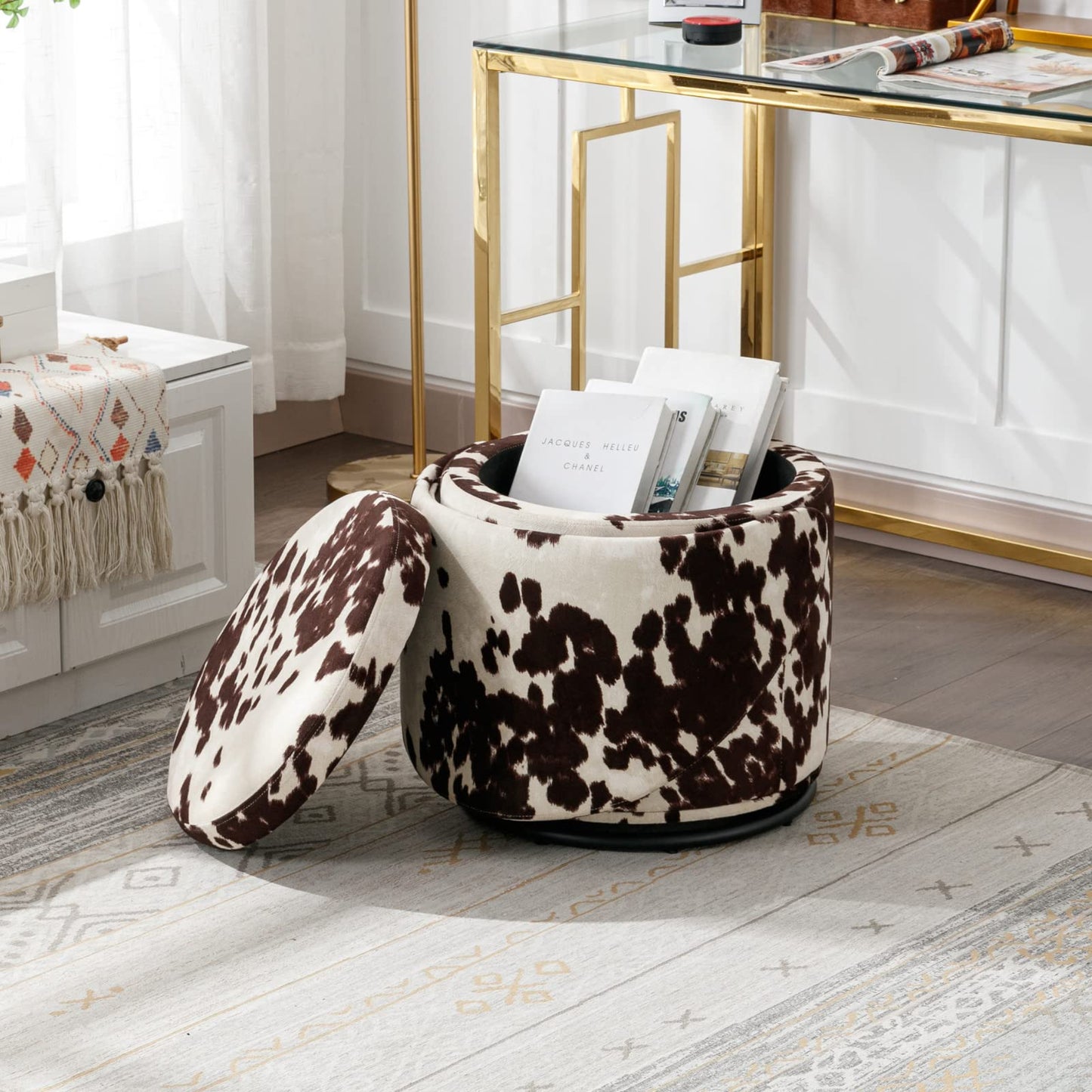 Ya-Home Modern Swivel Ottoman Vanity Chair, Linen Upholstered Barrel Club 360°Degree Swivel Side Stool with Storage, Comfy Makeup Stool for Bedroom Living Room, Milk Cow
