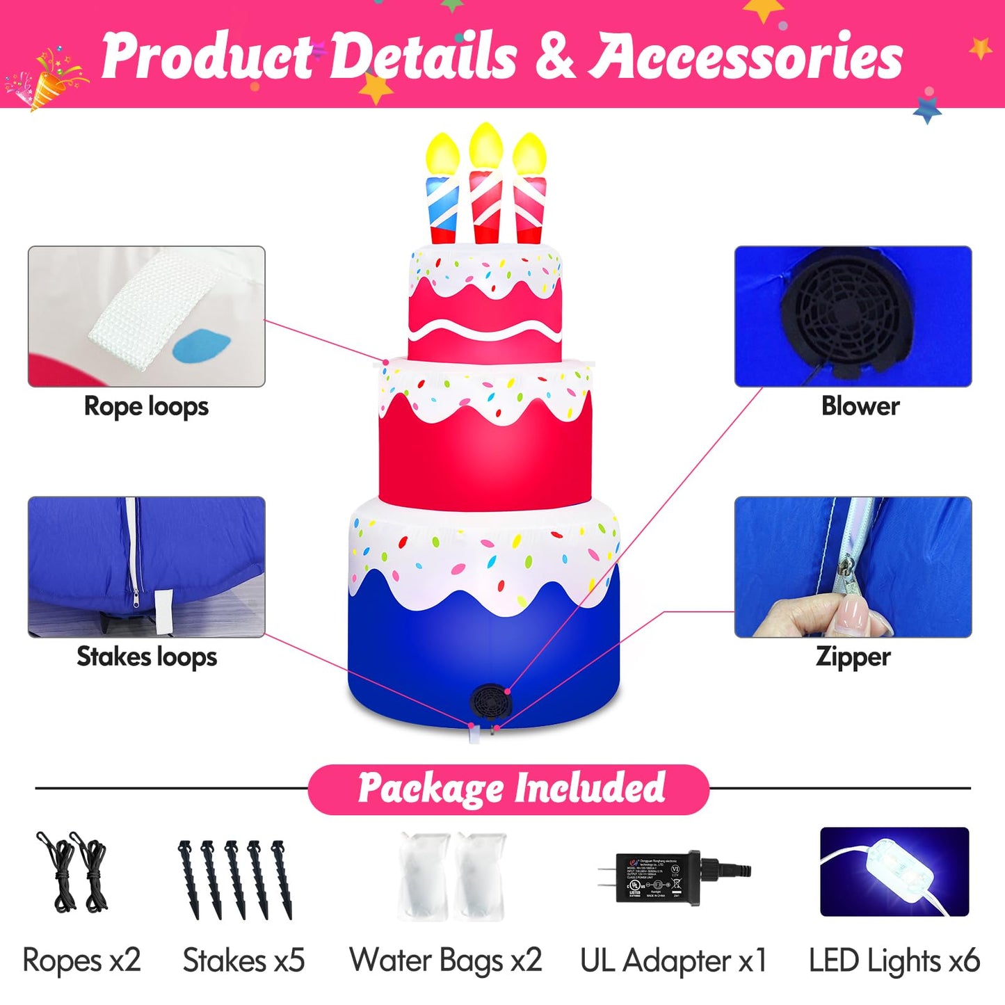 6 Ft Happy Birthday Inflatable Cake with Candles Outdoor Decorations Lighted Blow Up Holiday Birthday Party Decor with 6 LED Lights for Indoor Home Celebration Garden Lawn Yard Prop Sign