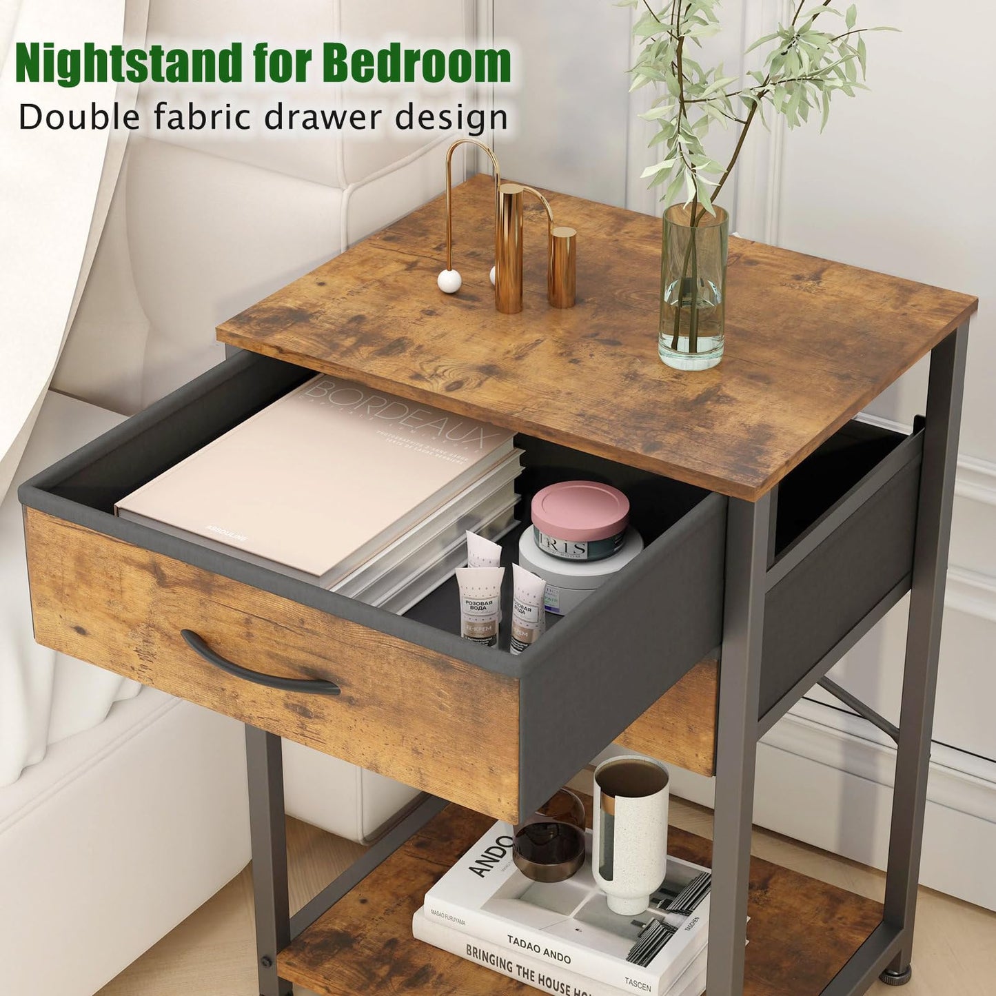 VonDream End Table with Fabric Drawer, Nightstand for Bedroom, Small Printer Stand for Home Office, Side Table with Storage