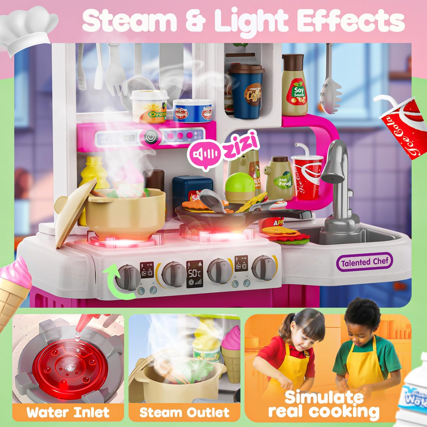 96PCS Kids Play Kitchen with Sound & Light, Cooking Stove with Steam, Play Food Toy Set for Boys and Girls (Pink)