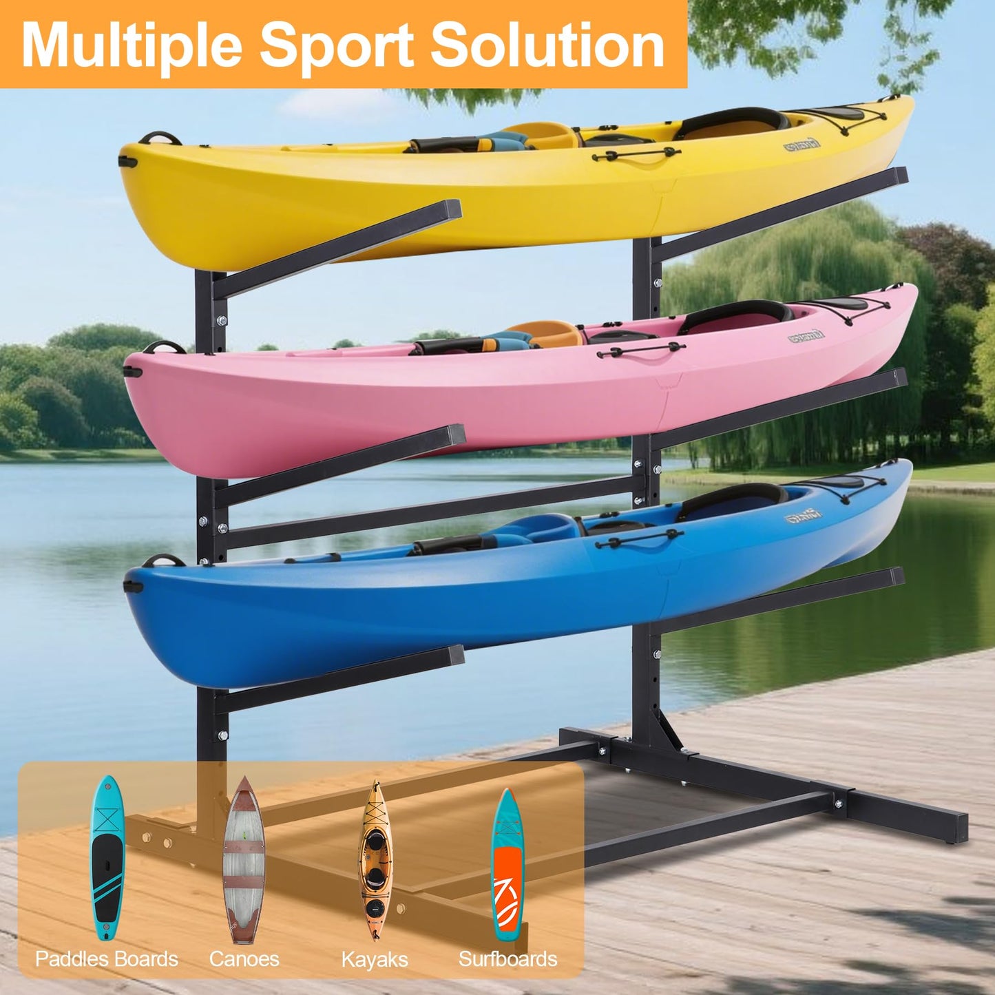 Oxphanor Kayak Storage Rack 3 Levels, Adjustable Freestanding Kayak SUP Stand, Weatherproof and Heavy Duty, Surfboard Stand Rack, Hold up Kayaks, SUPs, Paddleboards, Canoes
