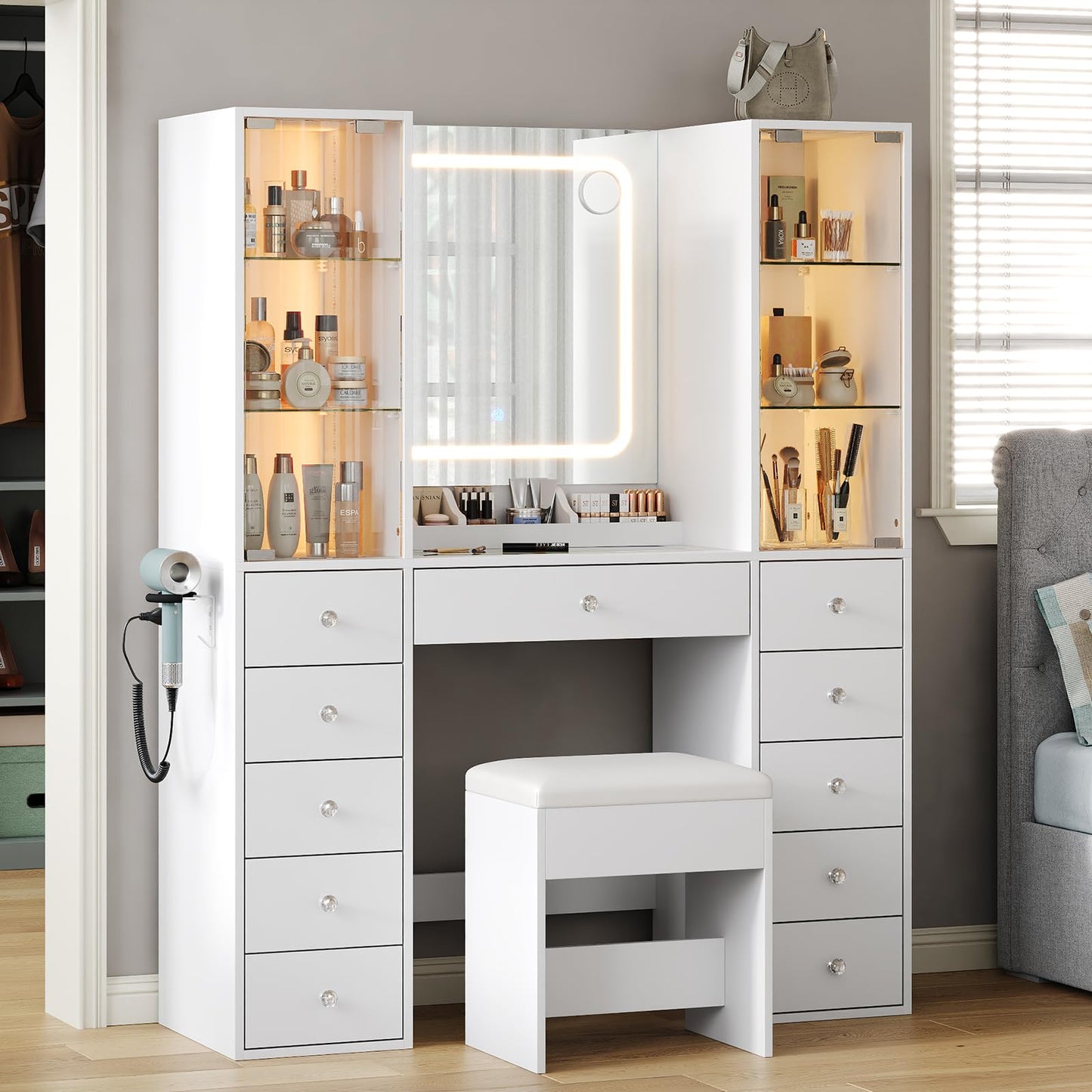 11 Drawers Makeup Vanity with Charging Station, Vanity Desk with LED Mirror & 2 Glass Cabinet, 3 Color Modes, Brightness Adjustable, Glass Top, Dressing Table with Chair for Bedroom (11 Drawers)