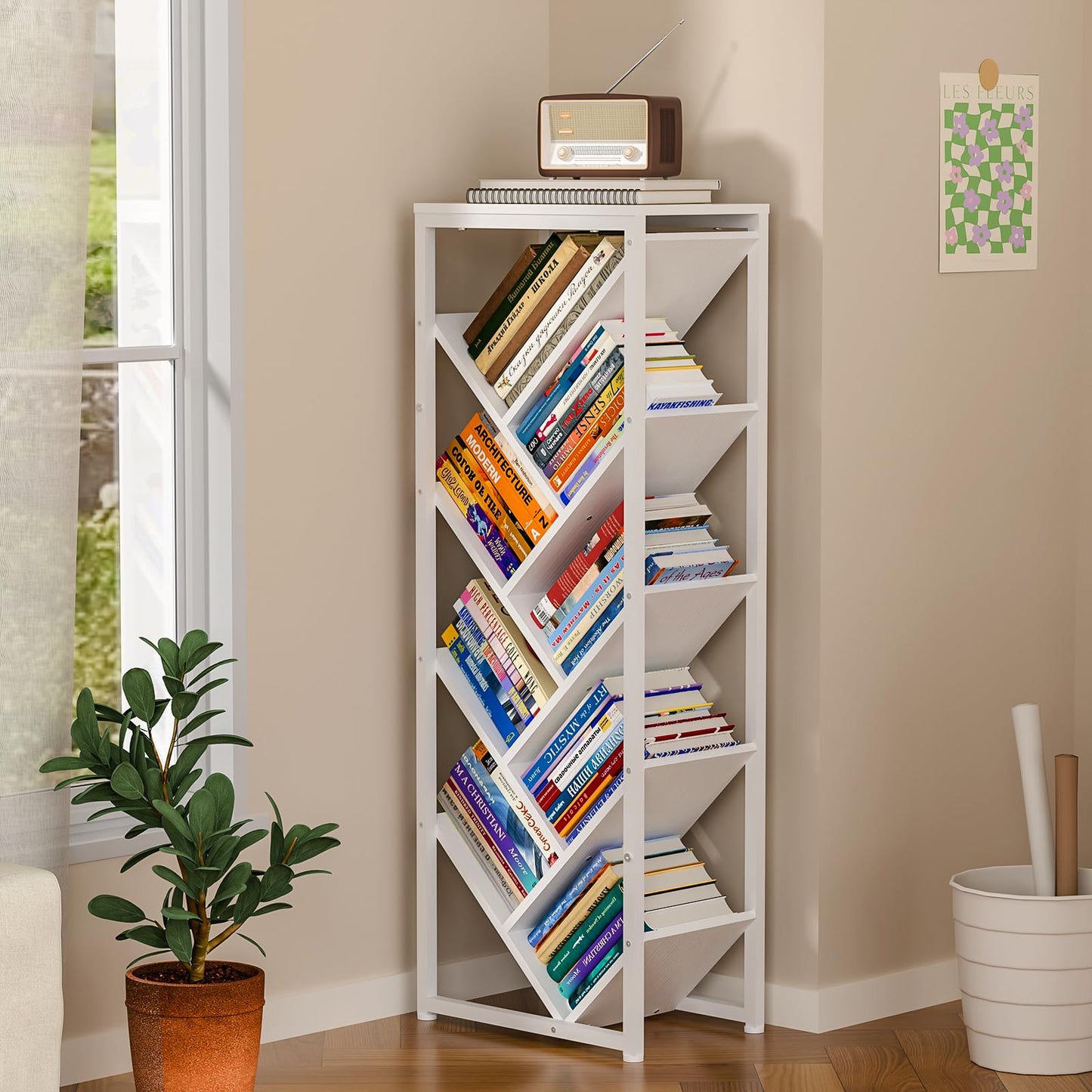 9 Tier Tree Bookshelf - White Book Shelf Floor Standing Modern Bookcase for Hardcover Books, Small Bookshelf for Small Spaces Bookshelves Wooden Book Storage Organizer Shelves for Bedroom Living Room