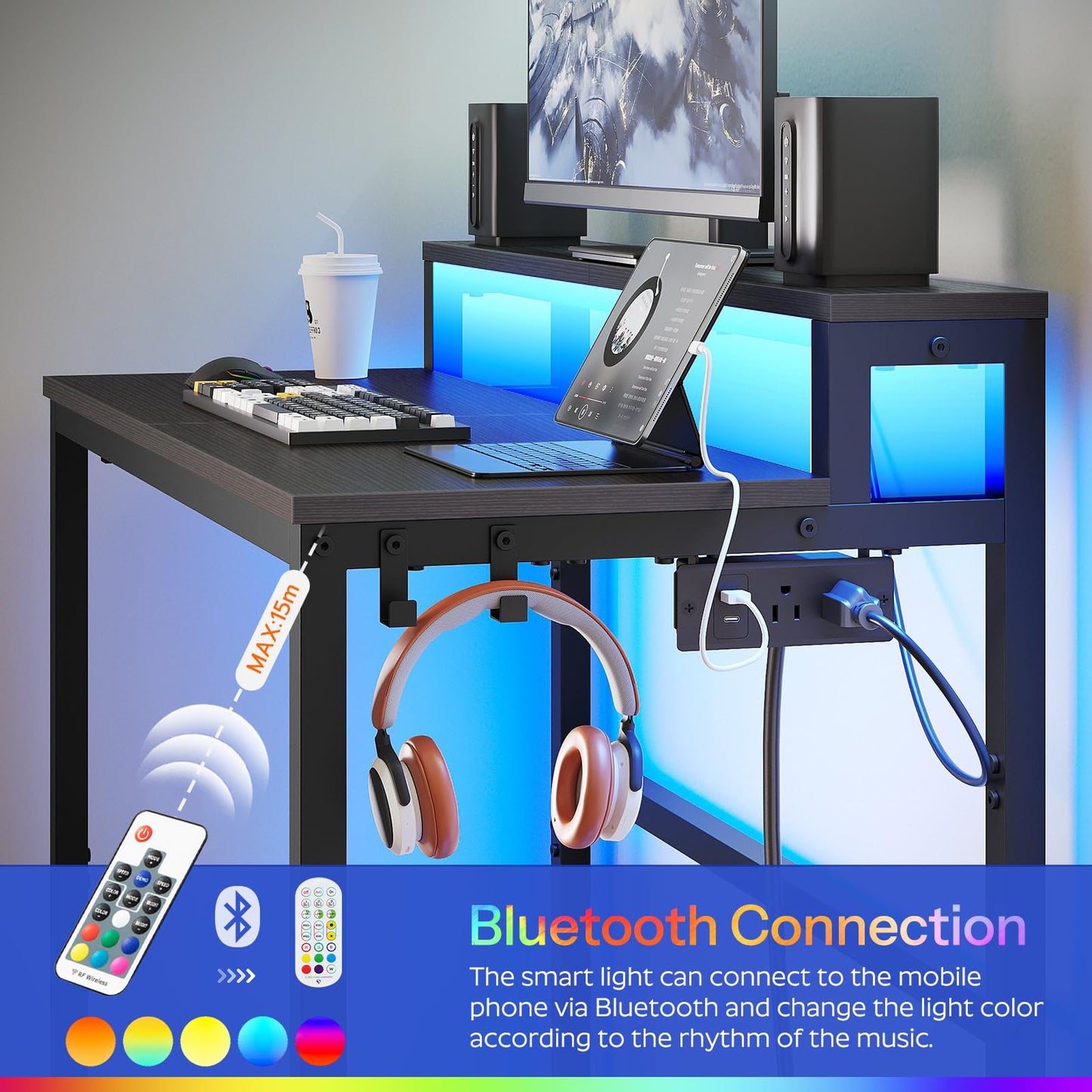 YATINEY Computer Desk with Charging Station and LED Lights, Gaming Desk with Monitor Stand, 2-Tier Home Office Desk with 4 Side Hooks, for Living Room, Home Office, Black DN01UDBBY1