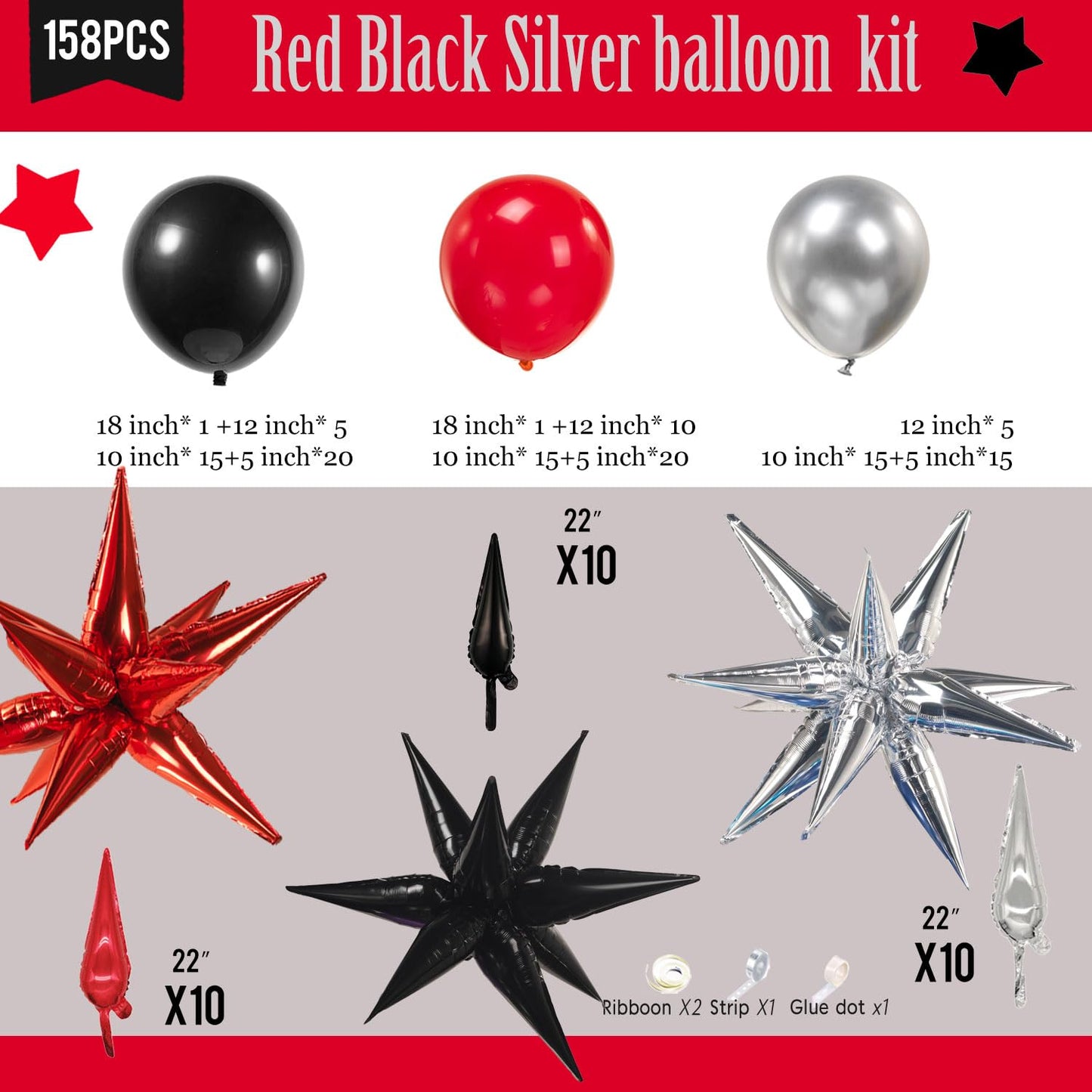 yeewaka black and red silver balloon garland arch kit 150pcs with Starburst Balloons for wedding Casino movie night theme birthday graduations prom 2025 grad Party decorations