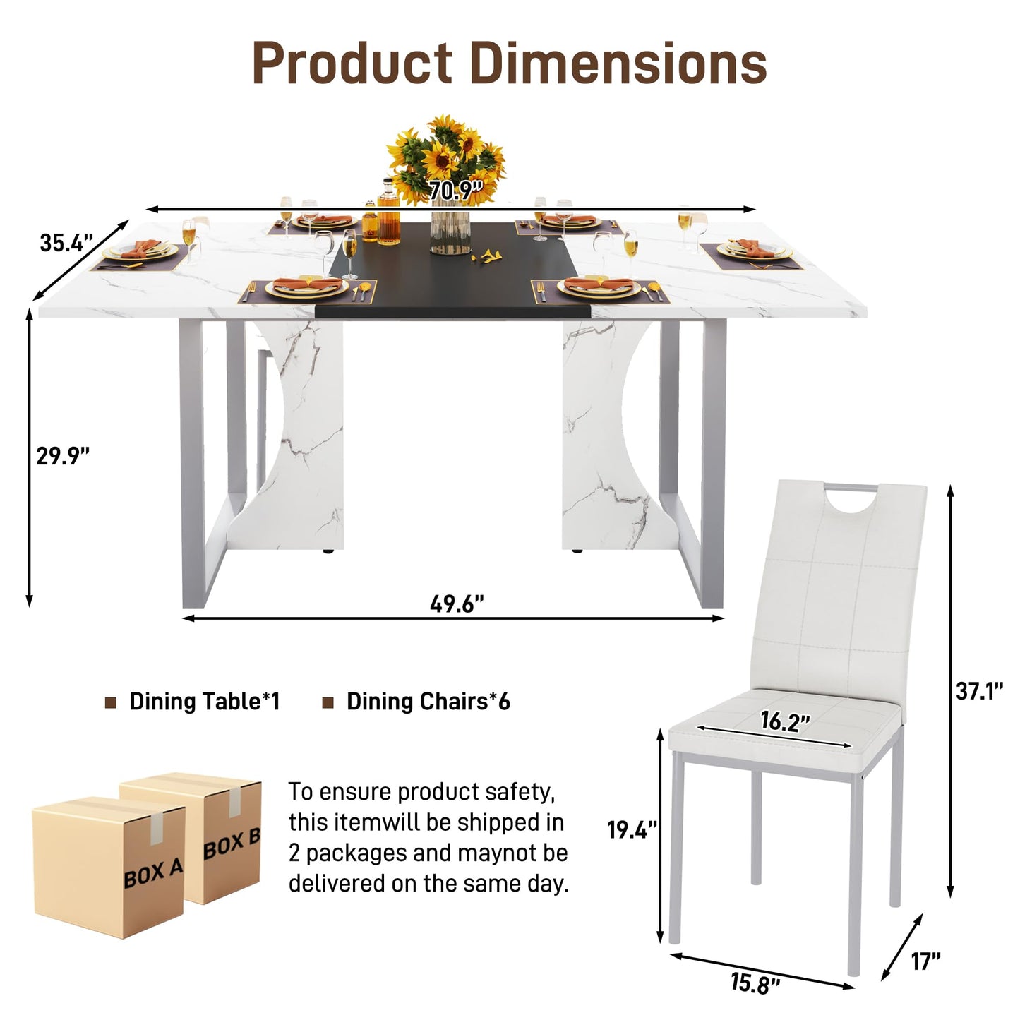7PCS Dining Table Set for 4 5 6 People, 71" Large Long Wooden Kitchen Table with 6 Chairs (White+Black, 71IN Table+6 PCS Chairs)