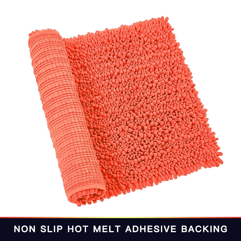 Walensee Bathroom Rug Non Slip Bath Mat (24x17 Inch Coral) Water Absorbent Super Soft Shaggy Chenille Machine Washable Dry Extra Thick Perfect Absorbant Best Small Plush Carpet for Shower Floor