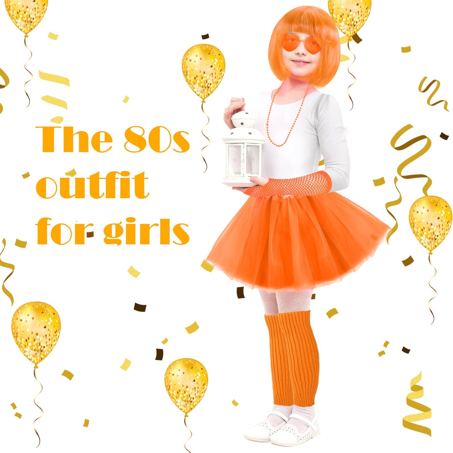 80s Women Costume Accessories Set 6 Pcs Neon Tutu Bob Wig Leg Warmers Fishnet Gloves Necklace Sunglasses for 80s Party (Orange,One Size)