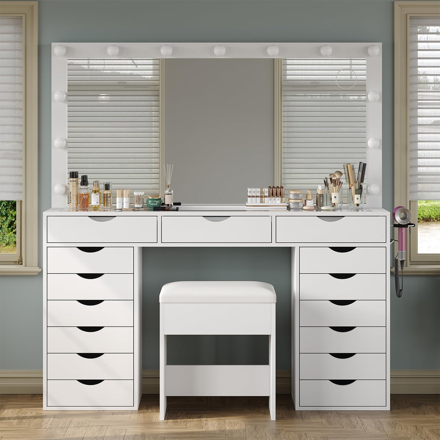 Yanosaku Vanity Desk with Mirror and Lights, Makeup Table with Charging Station, 3 Color Lighting Modes, 15 Drawers Dressing Table, Vanity with Chair for Bedroom, White