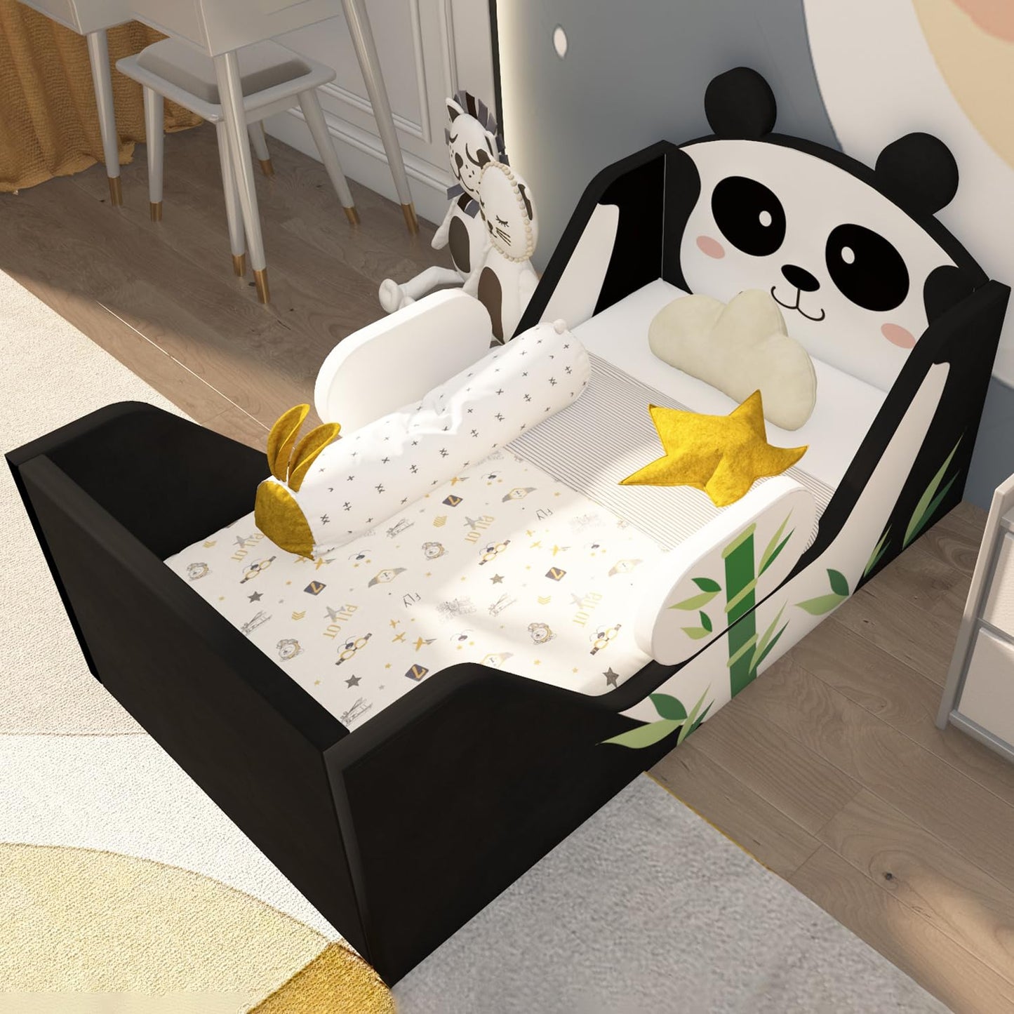weeonekids Toddler Beds, Child Beds for Kids with Extra Safty Broad, Standard Crib Size Animal Toddler Bed, Certified Fabric Toddler Beds,Toddler Floor Beds (Panda)