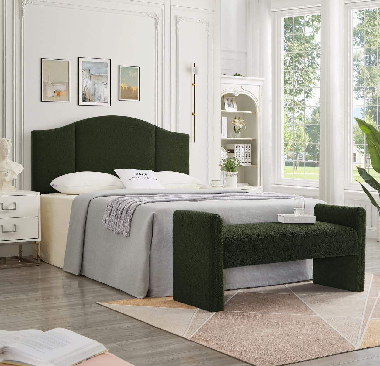 24KF Modern Boucle Teddy Lovely Bench, Upholstered Bed Bench Entryway Bench Ottoman with Armrest -Dark Green
