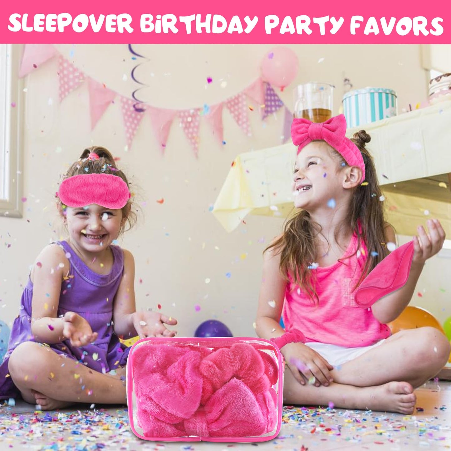 30 Pcs Sleepover Party Supplies for Girls Include 6 Bow Makeup Headband 6 Plush Sleep Eye Mask 6 Velvet Scrunchies 6 Makeup Remover Cloth 6 Clear Cosmetic Bags for Slumber Spa Party Favors Rose Red