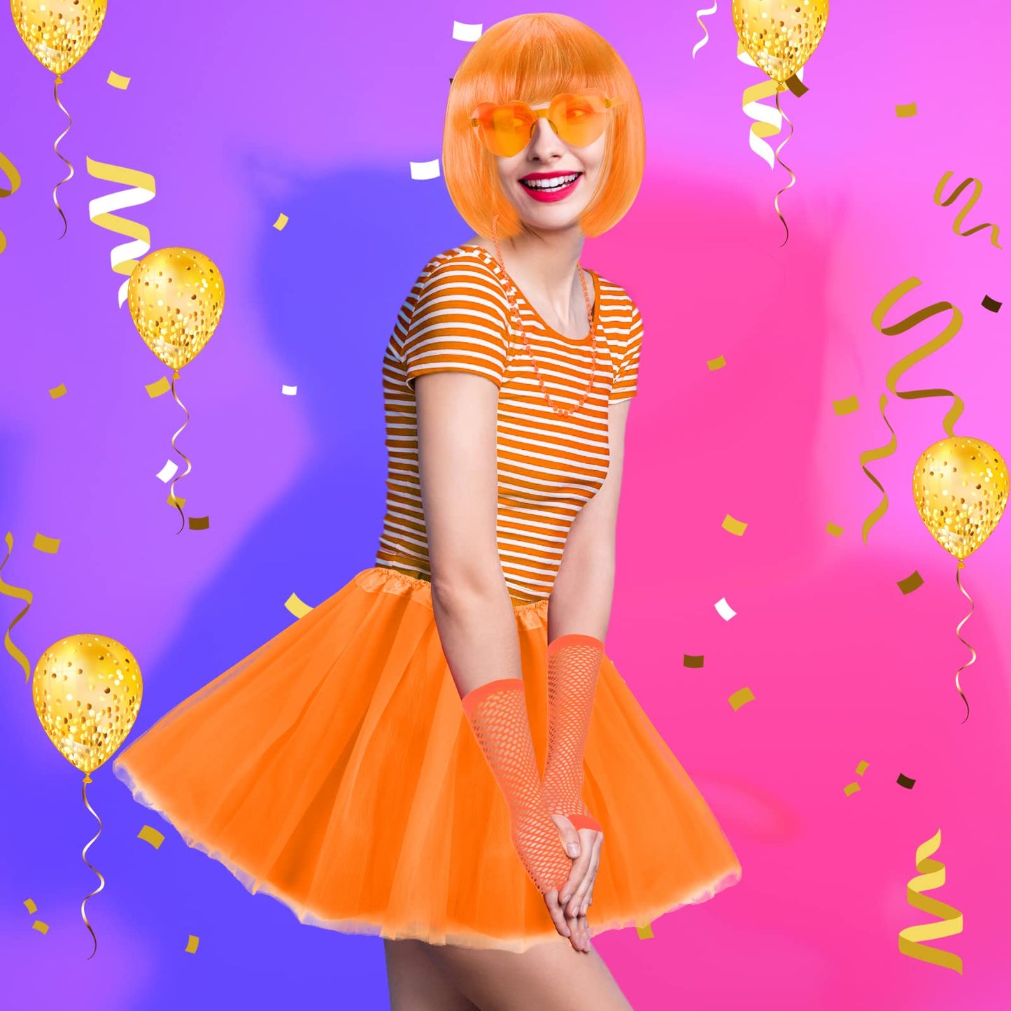 80s Women Costume Accessories Set 6 Pcs Neon Tutu Bob Wig Leg Warmers Fishnet Gloves Necklace Sunglasses for 80s Party (Orange,One Size)