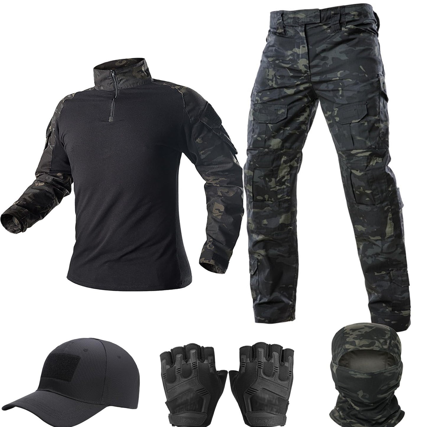 VPZenar Combat Uniform,Tactical Long Sleeve Shirt and Pants, Cap Balaclava Gloves Set,Black Camo Suits Paintball Clothing for Men